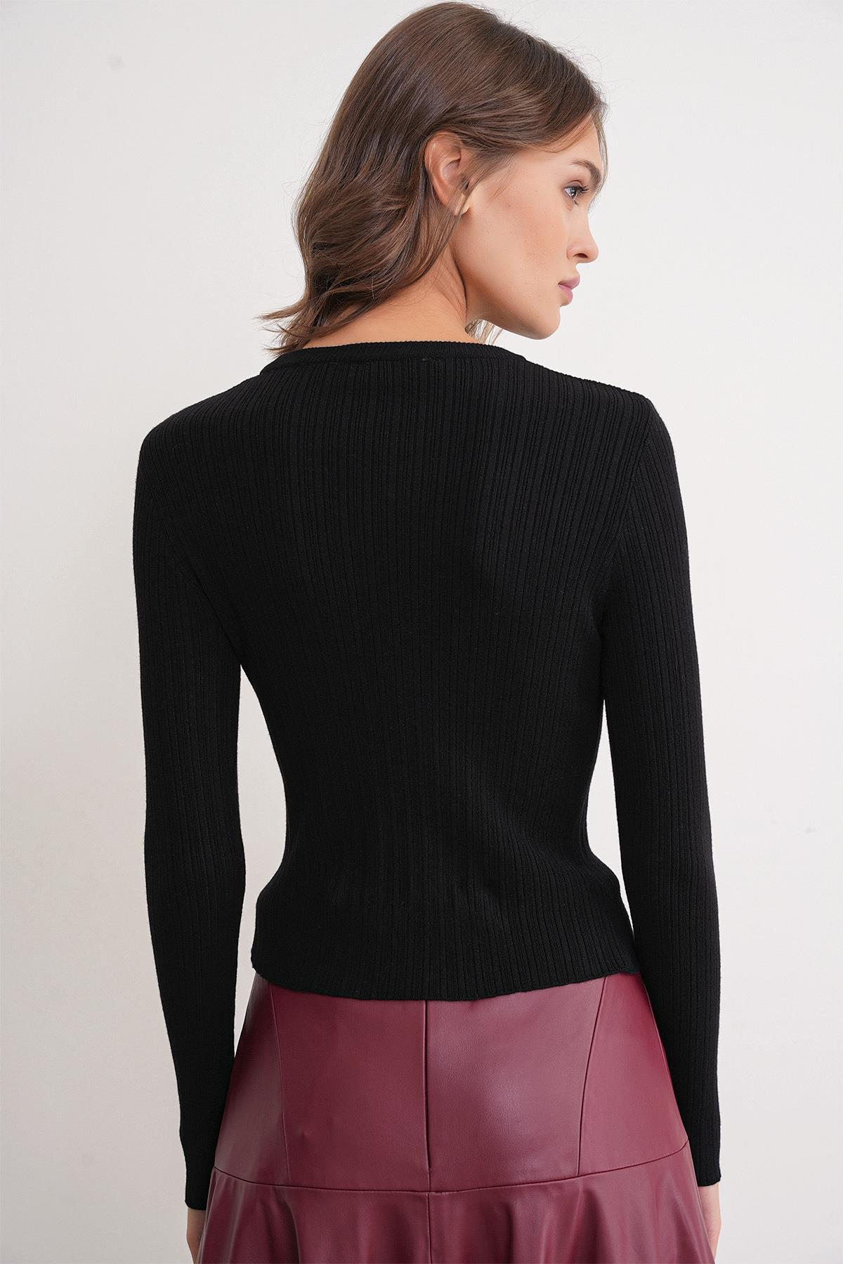 6938 Kadın Bisiklet Yaka Fitilli Triko Body Siyah