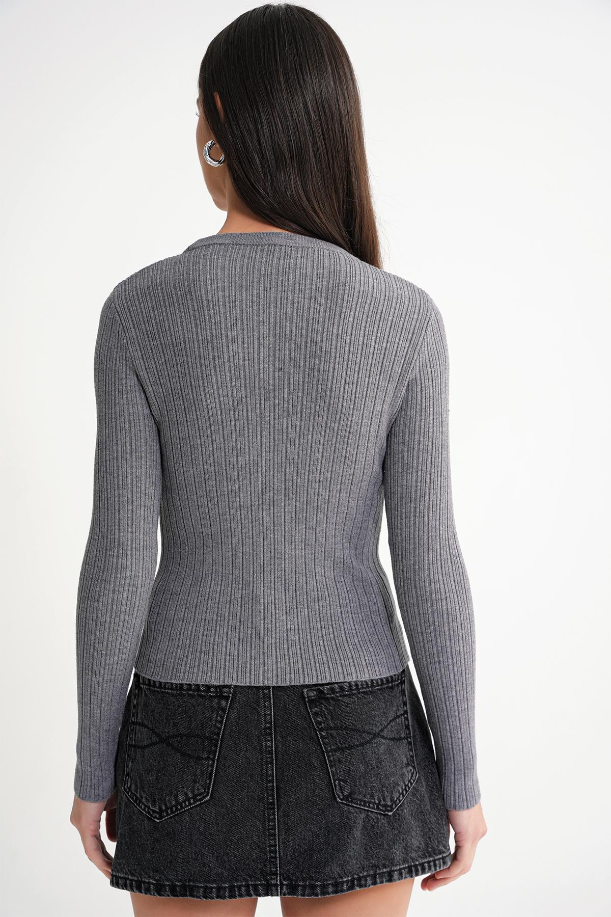 6938 Kadın Bisiklet Yaka Fitilli Triko Body Antrasit