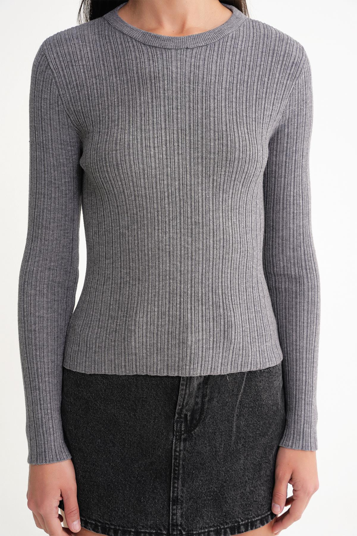 6938 Kadın Bisiklet Yaka Fitilli Triko Body Antrasit