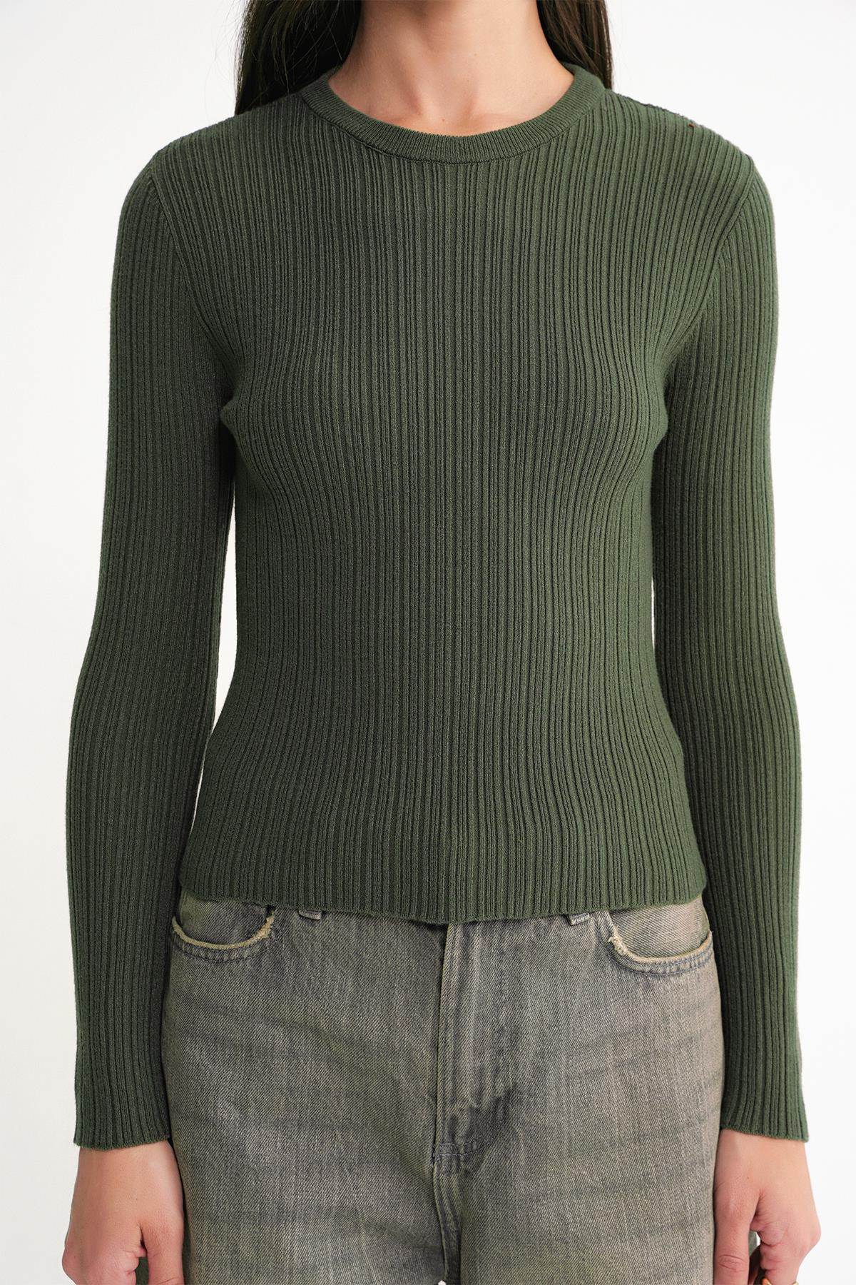 6938 Kadın Bisiklet Yaka Fitilli Triko Body Haki