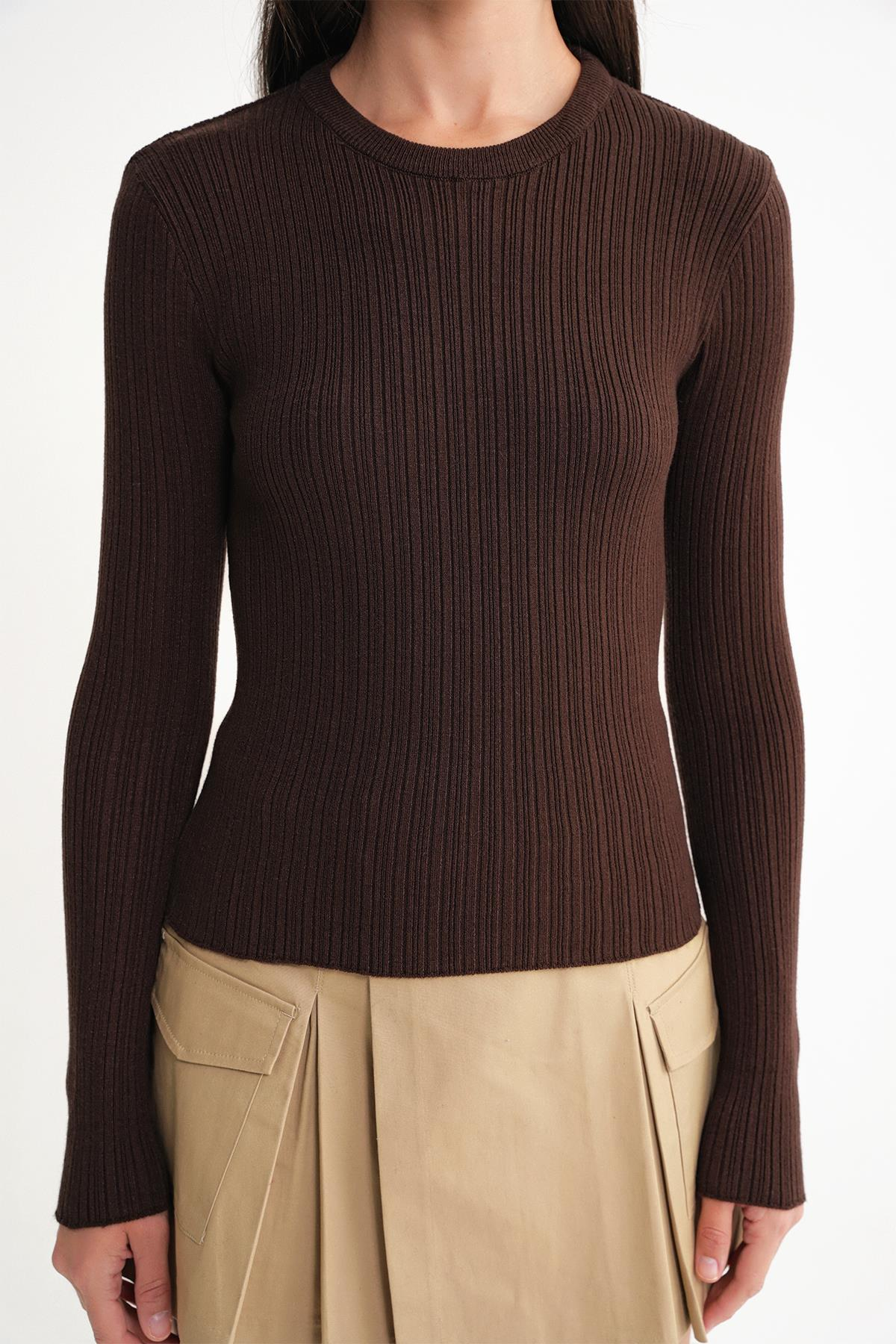 6938 Kadın Bisiklet Yaka Fitilli Triko Body Kahve