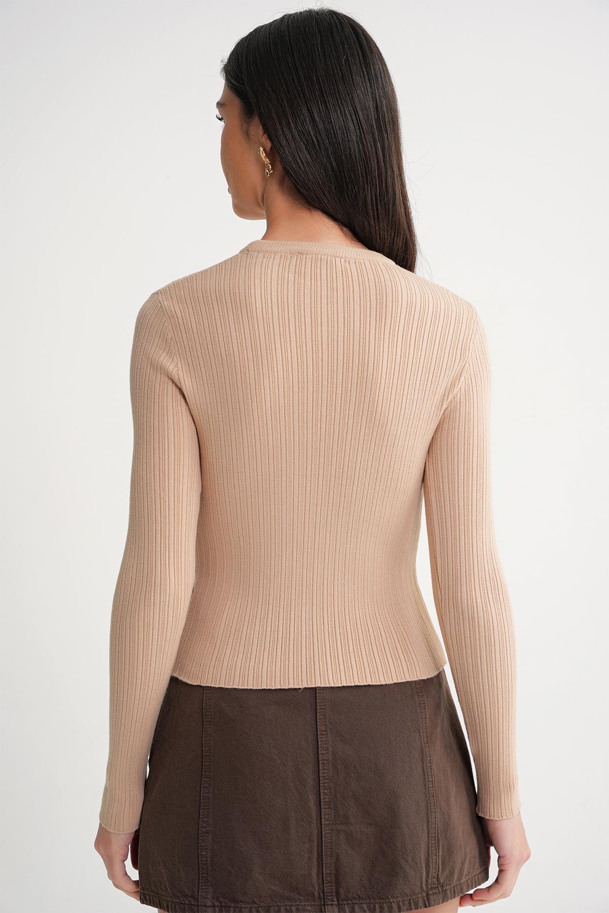 6938 Kadın Bisiklet Yaka Fitilli Triko Body Camel