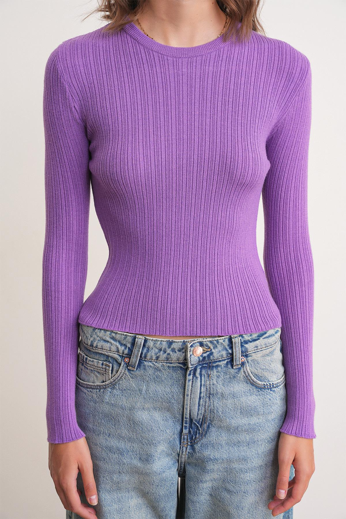 6938 Kadın Bisiklet Yaka Fitilli Triko Body Mor