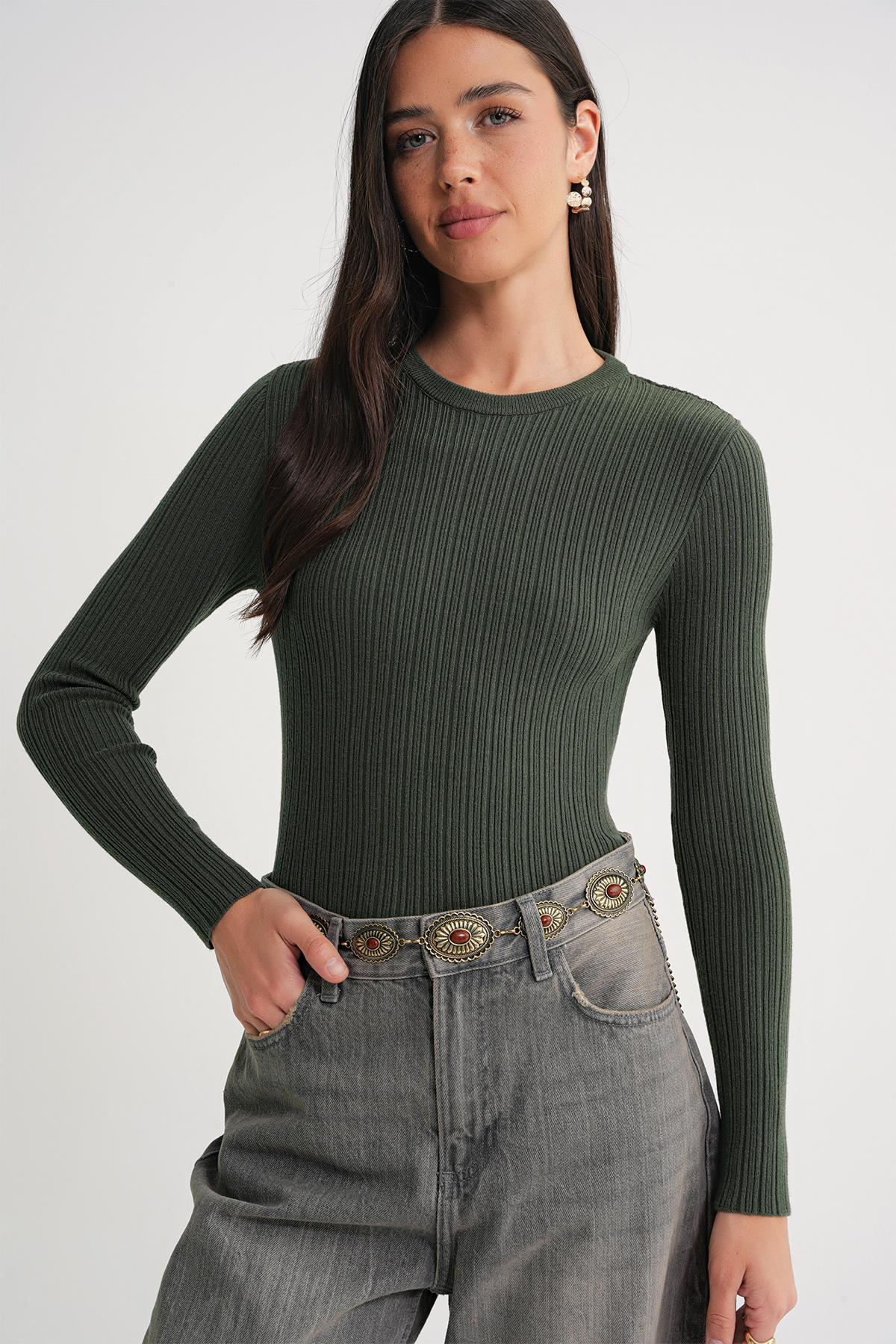 6938 Kadın Bisiklet Yaka Fitilli Triko Body Haki