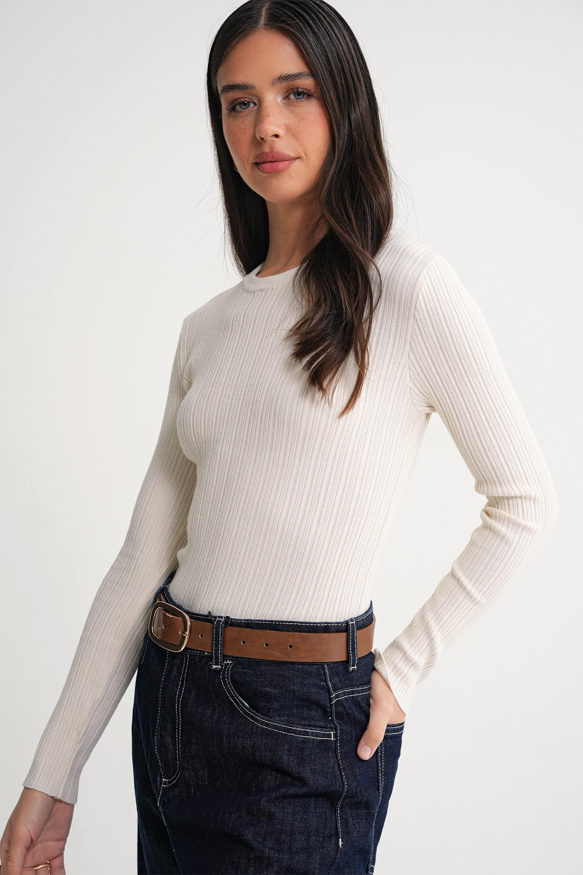 6938 Kadın Bisiklet Yaka Fitilli Triko Body Naturel