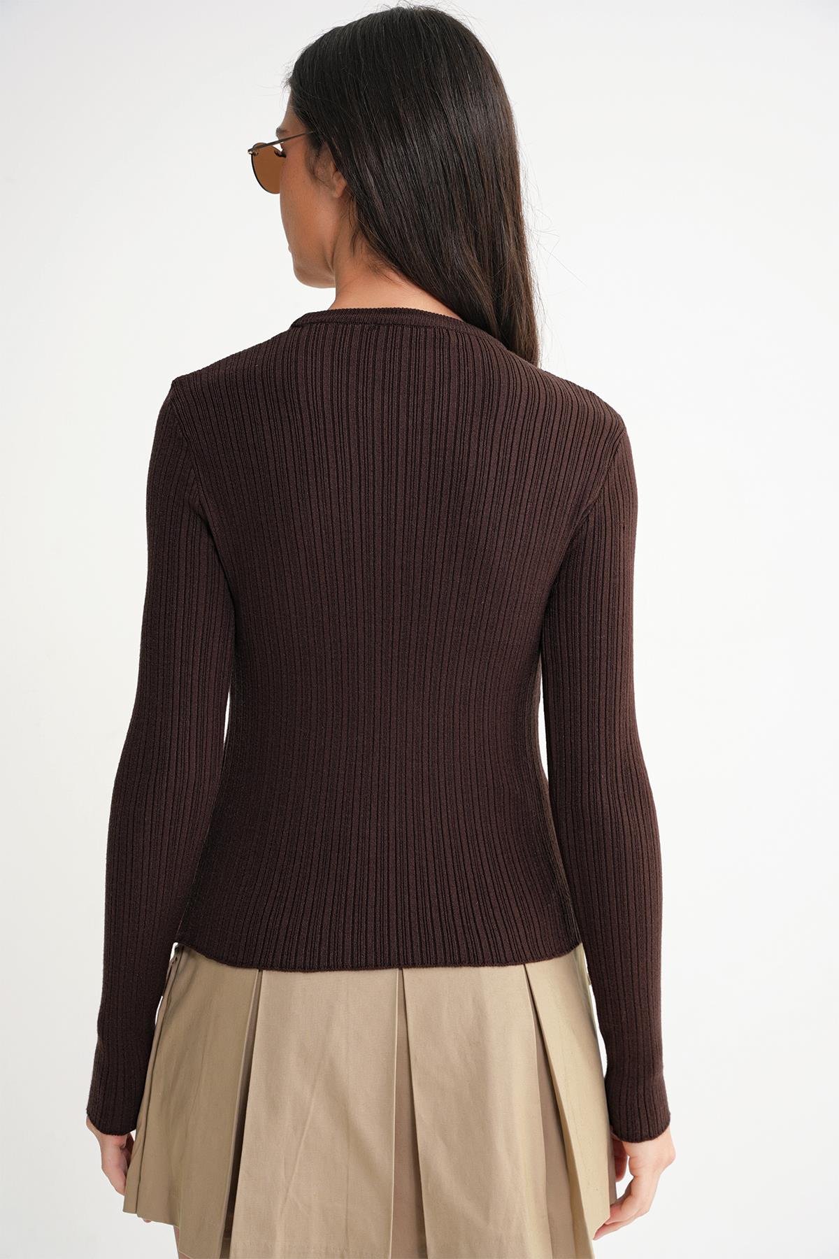 6938 Kadın Bisiklet Yaka Fitilli Triko Body Kahve