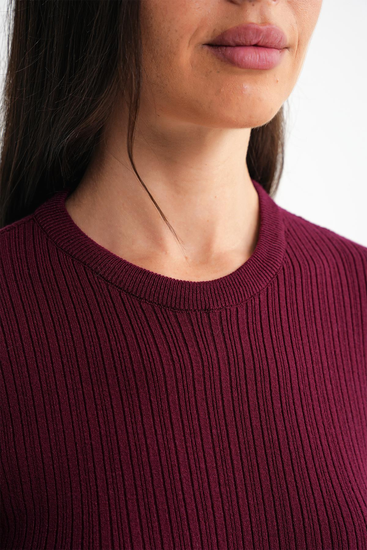 6938 Kadın Bisiklet Yaka Fitilli Triko Body Bordo