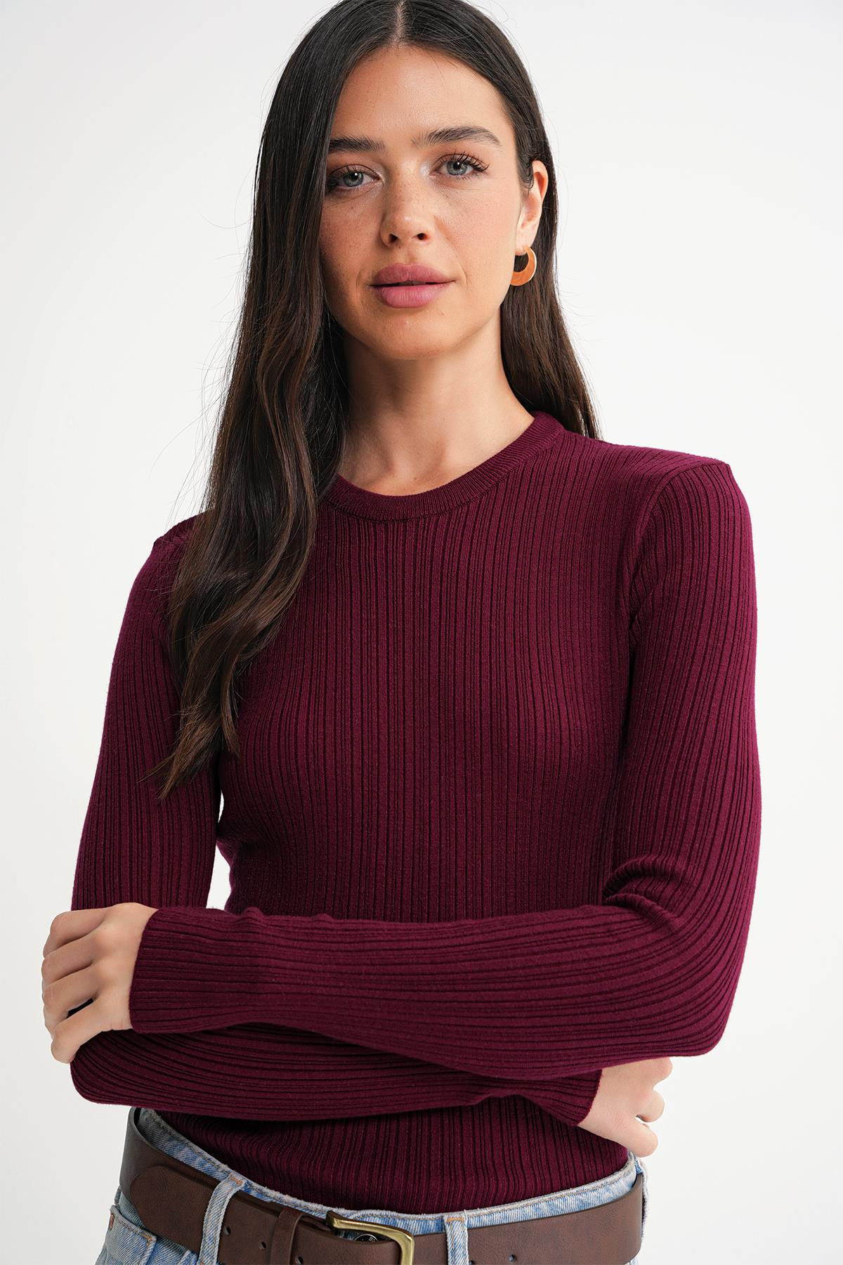 6938 Kadın Bisiklet Yaka Fitilli Triko Body Bordo