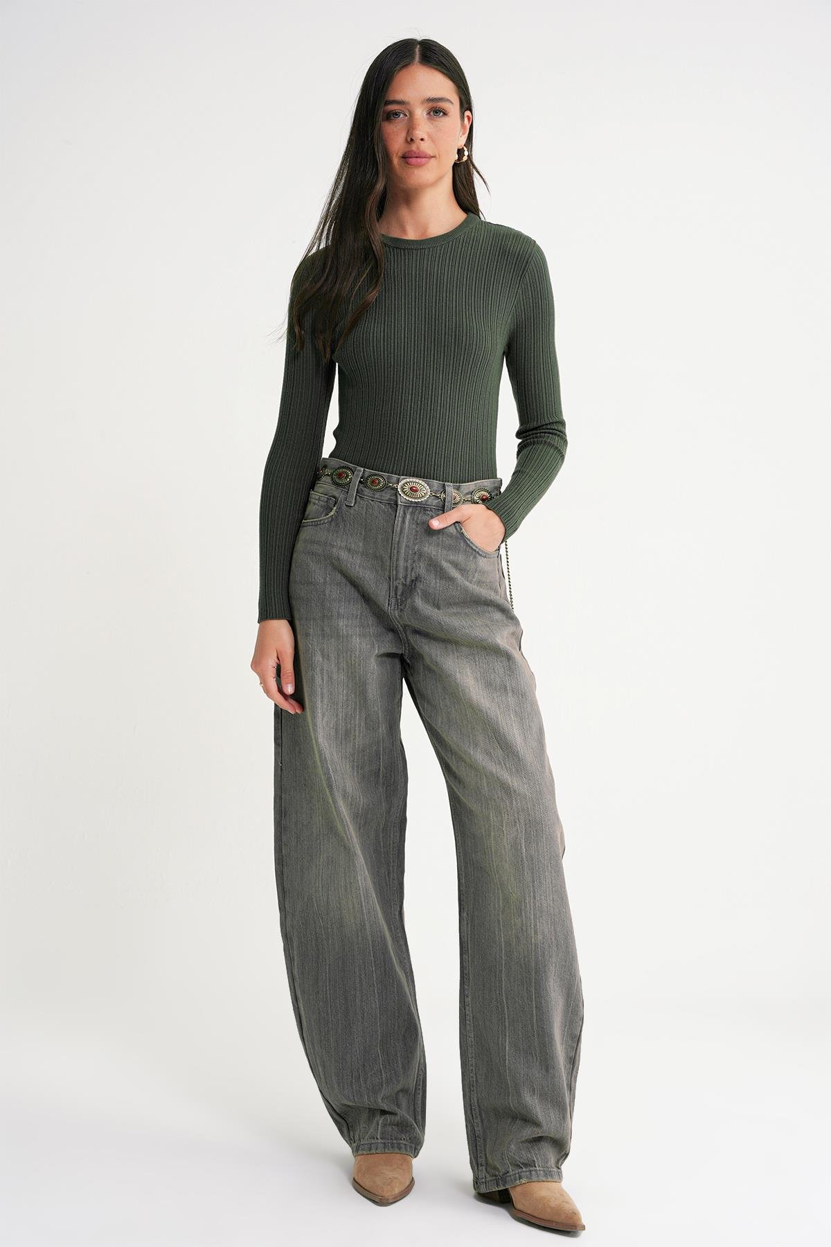 6938 Kadın Bisiklet Yaka Fitilli Triko Body Haki