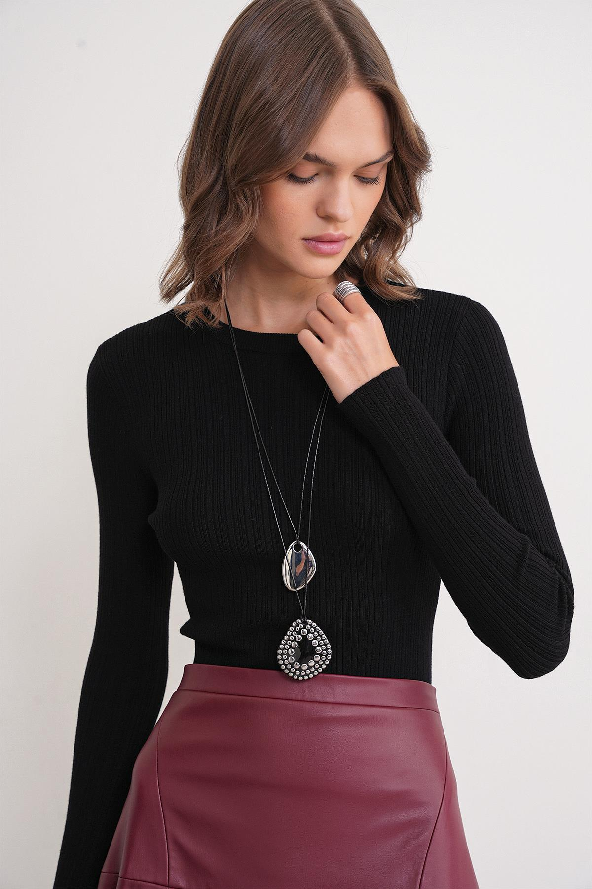 6938 Kadın Bisiklet Yaka Fitilli Triko Body Siyah