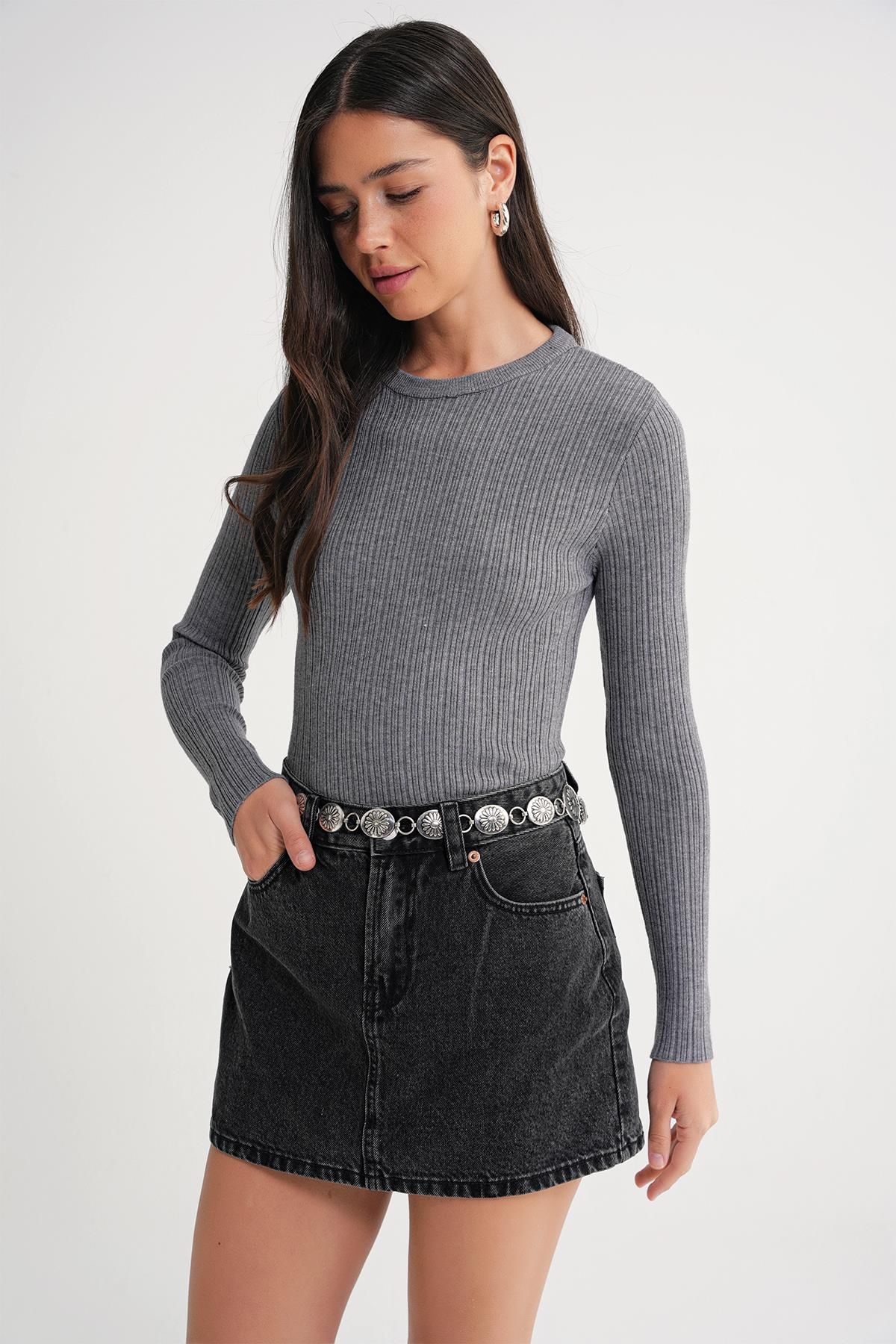 6938 Kadın Bisiklet Yaka Fitilli Triko Body Antrasit