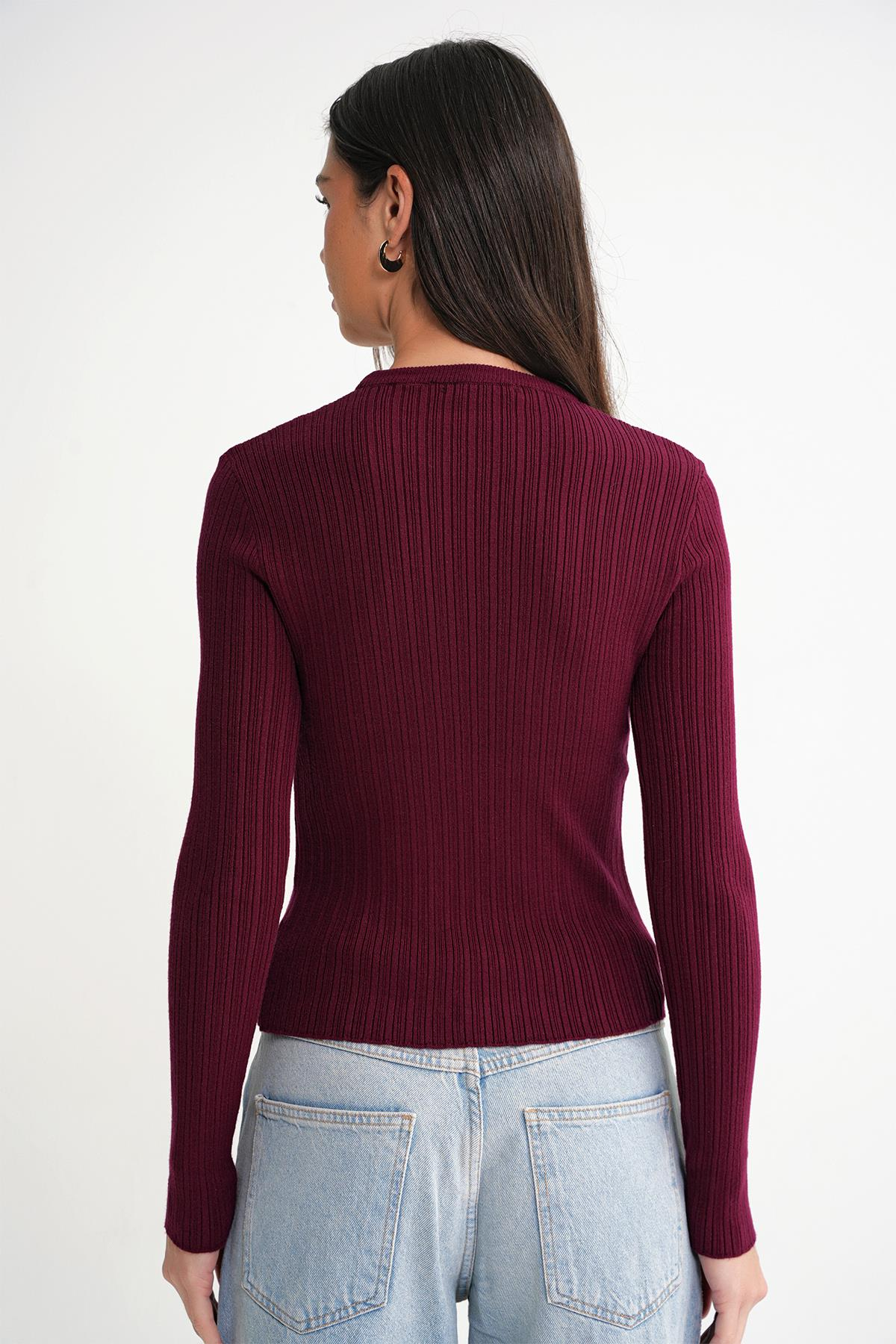 6938 Kadın Bisiklet Yaka Fitilli Triko Body Bordo