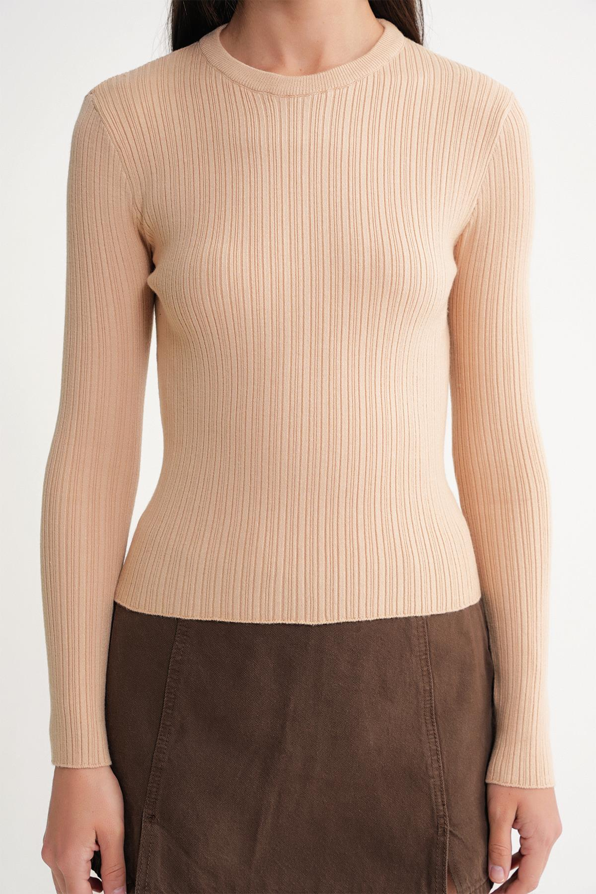 6938 Kadın Bisiklet Yaka Fitilli Triko Body Camel