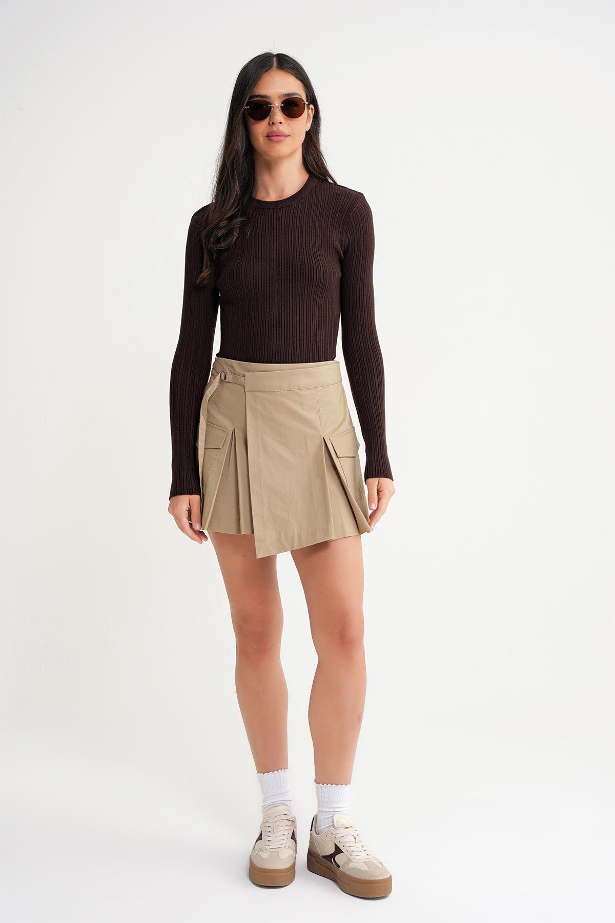 6938 Kadın Bisiklet Yaka Fitilli Triko Body Kahve