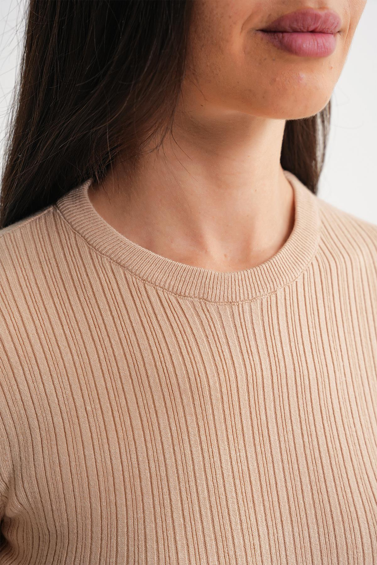 6938 Kadın Bisiklet Yaka Fitilli Triko Body Camel