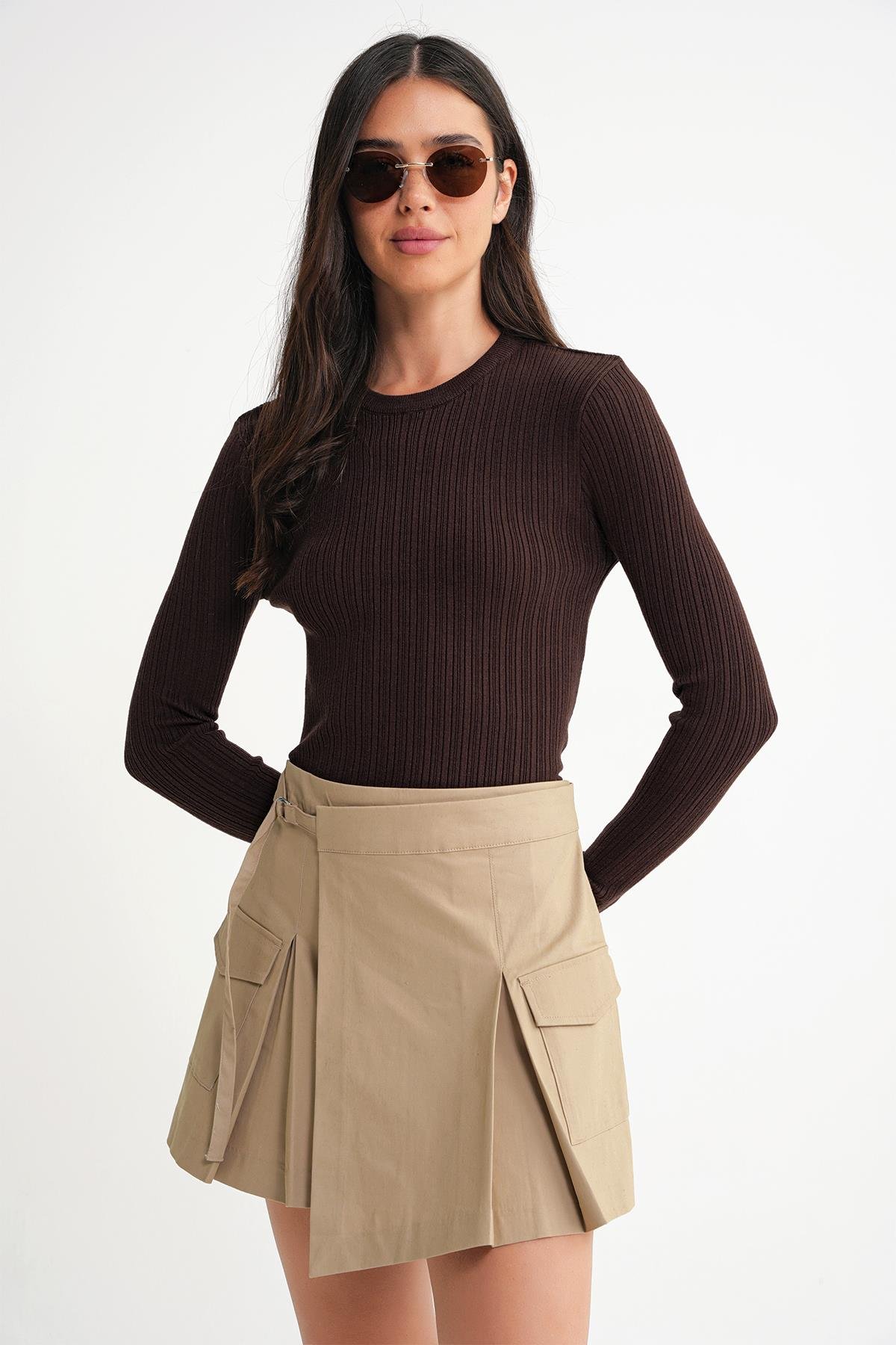 6938 Kadın Bisiklet Yaka Fitilli Triko Body Kahve