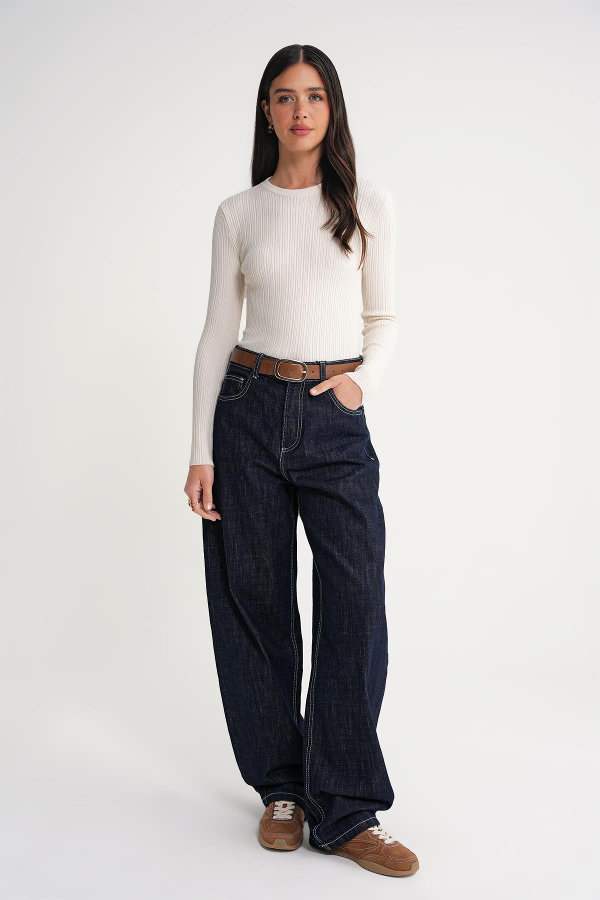 6938 Kadın Bisiklet Yaka Fitilli Triko Body Naturel