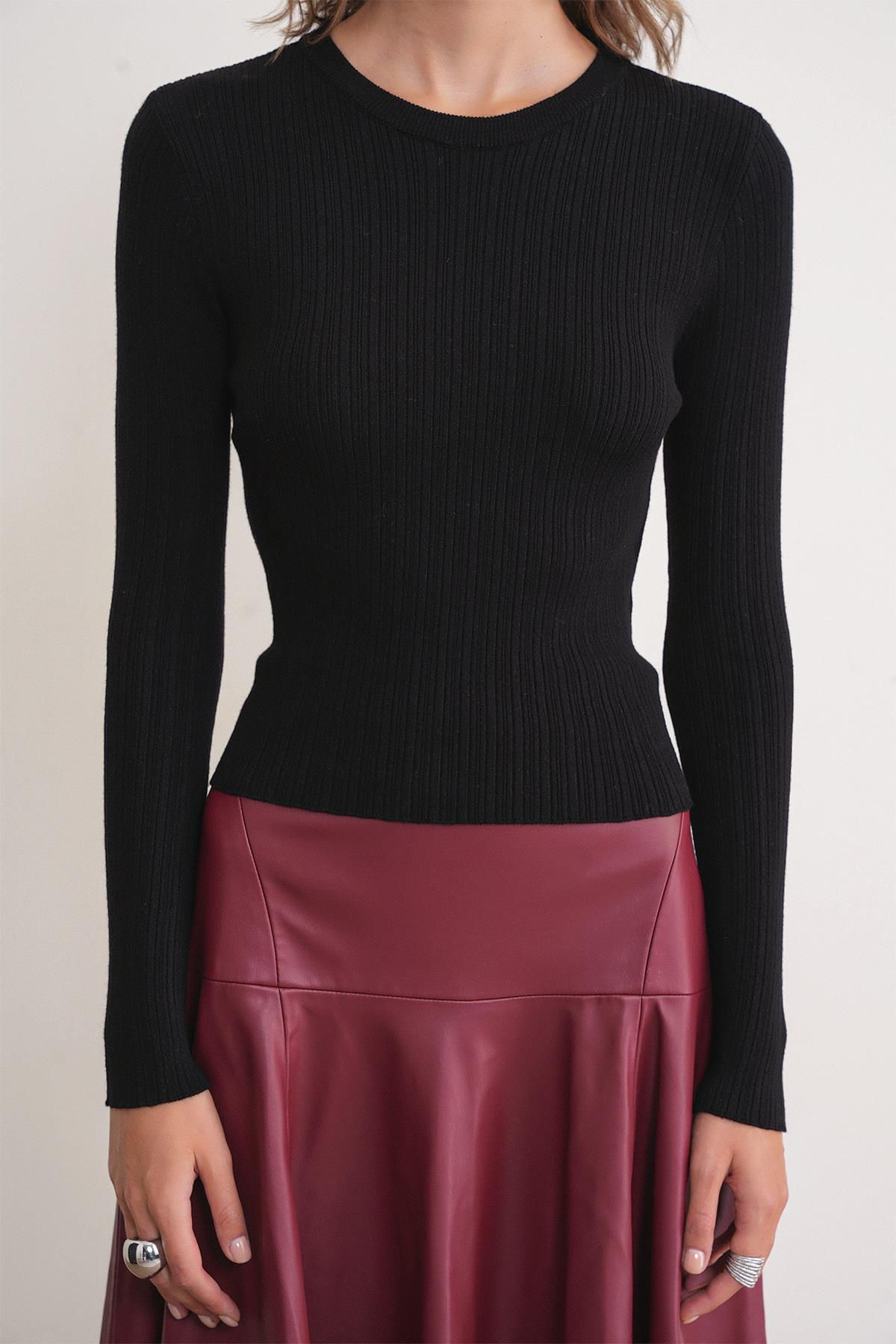 6938 Kadın Bisiklet Yaka Fitilli Triko Body Siyah