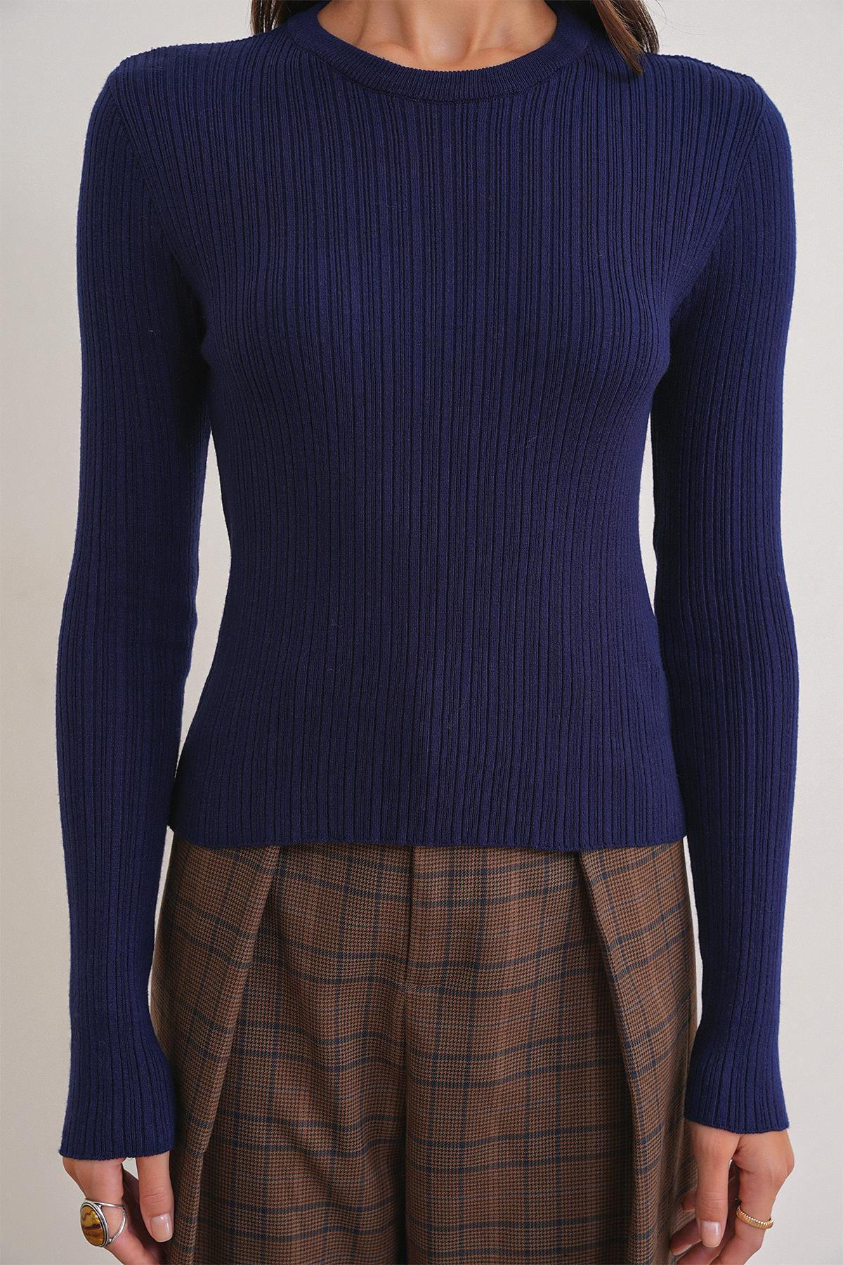 6938 Kadın Bisiklet Yaka Fitilli Triko Body Lacivert