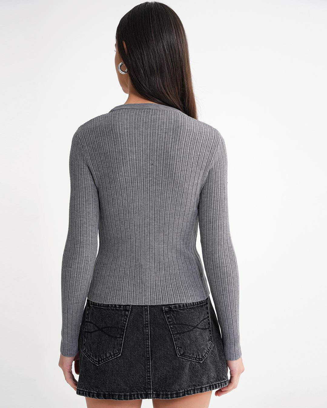 6938 Kadın Bisiklet Yaka Fitilli Triko Body Gri