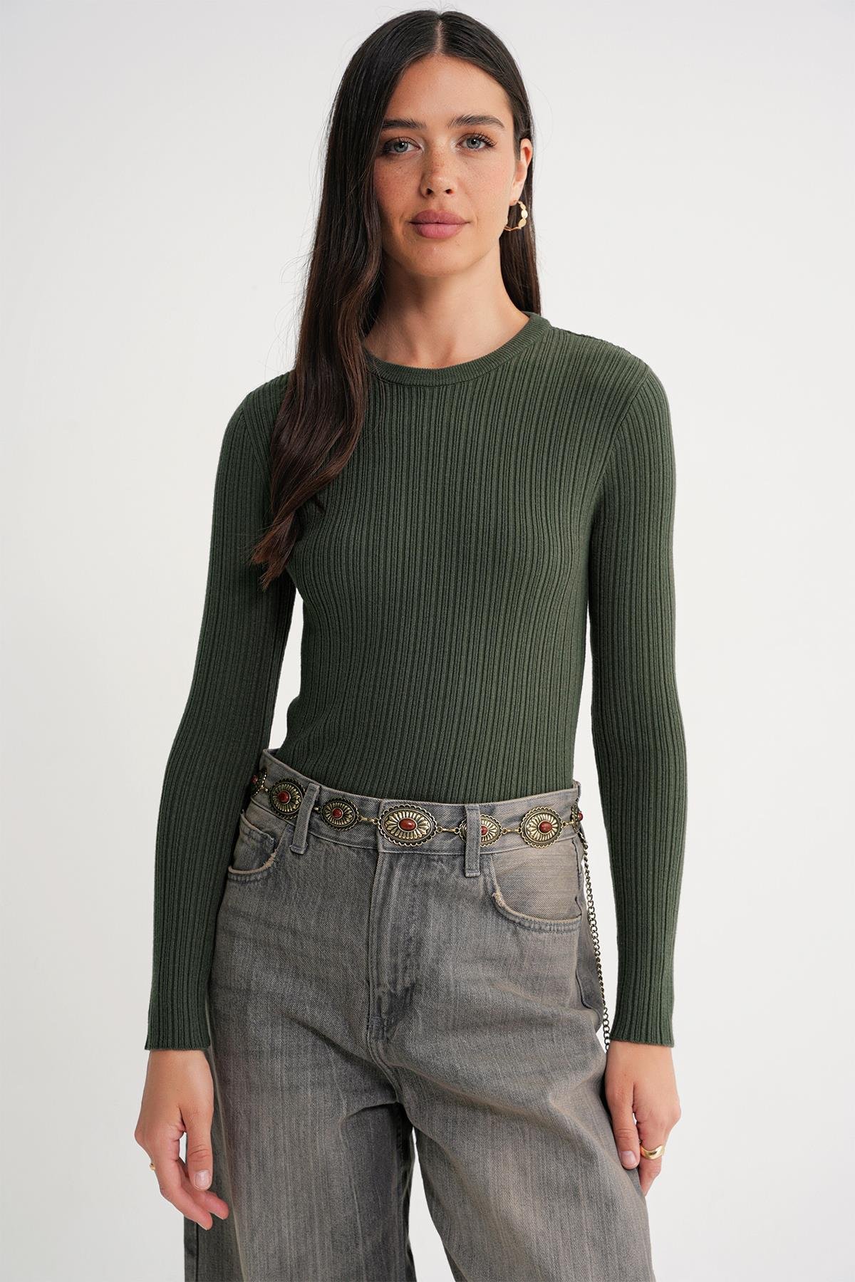 6938 Kadın Bisiklet Yaka Fitilli Triko Body Haki