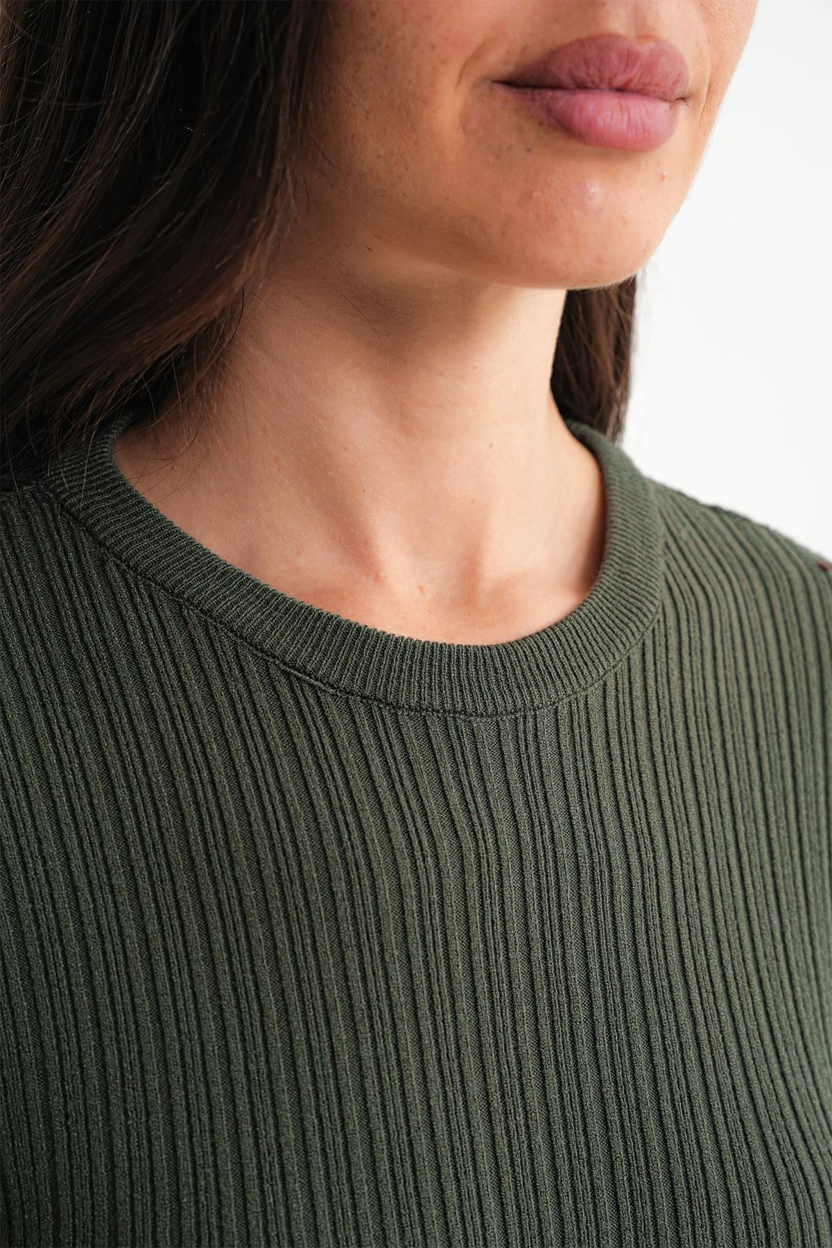 6938 Kadın Bisiklet Yaka Fitilli Triko Body Haki