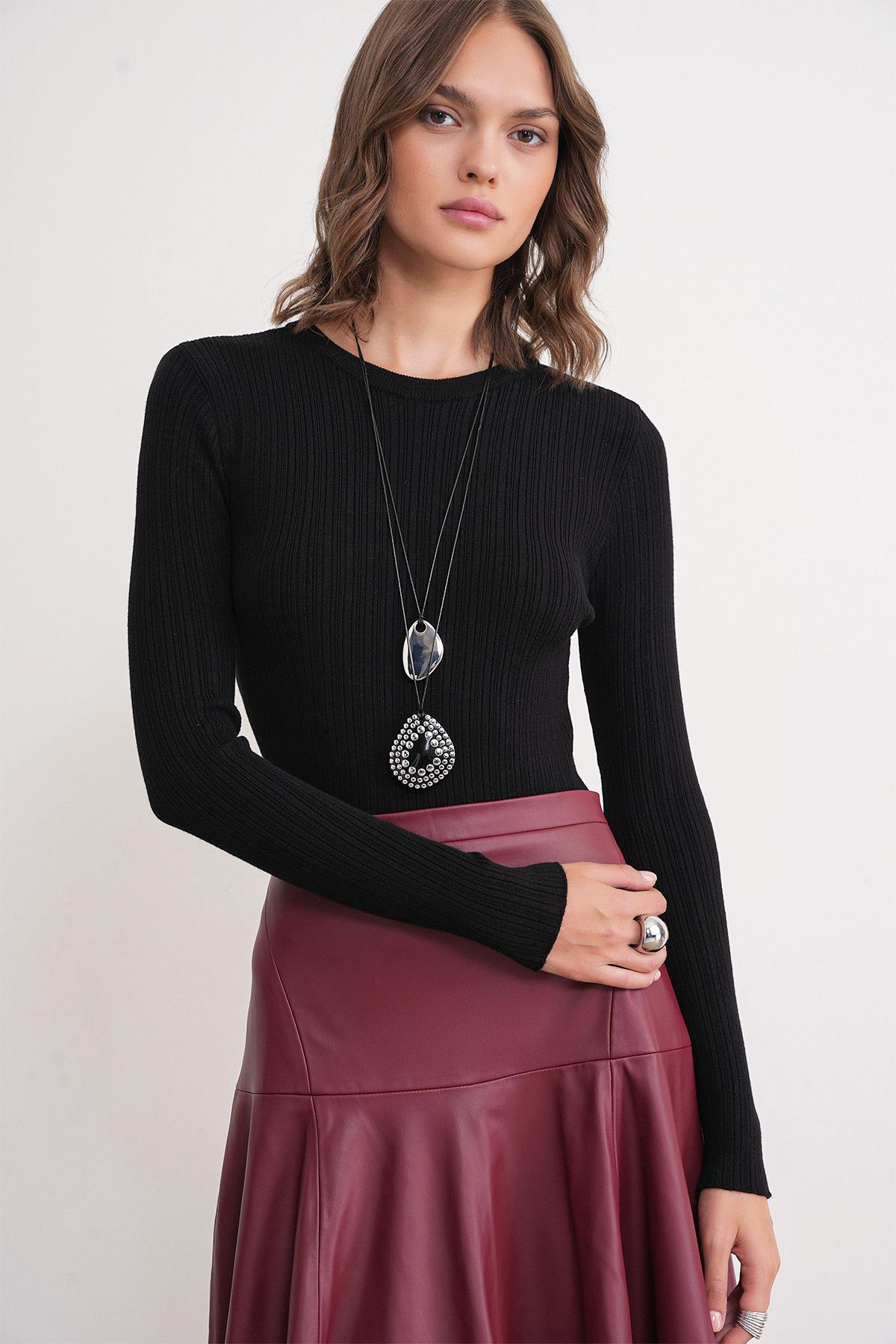 6938 Kadın Bisiklet Yaka Fitilli Triko Body Siyah