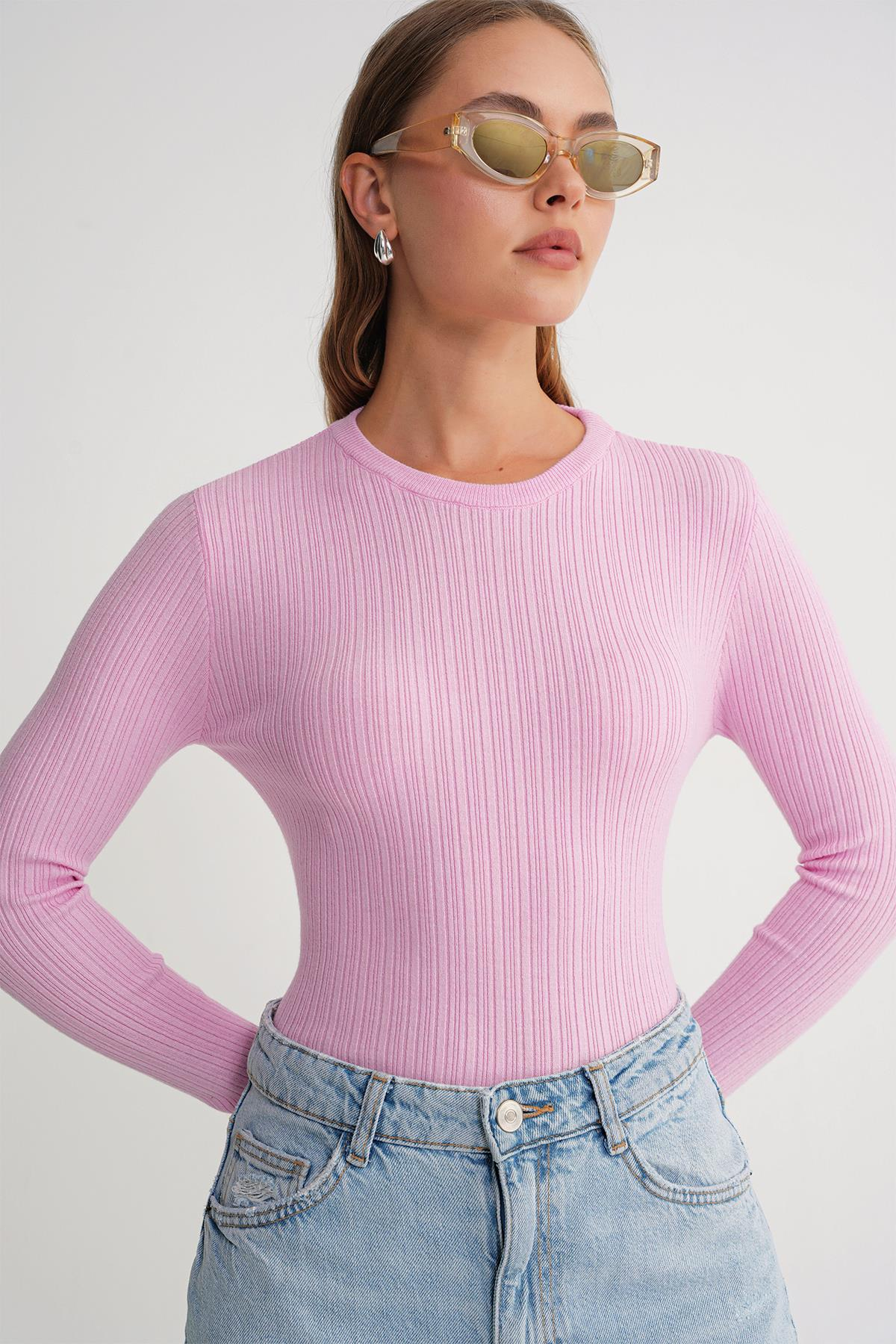 6938 Kadın Bisiklet Yaka Fitilli Triko Body Pembe