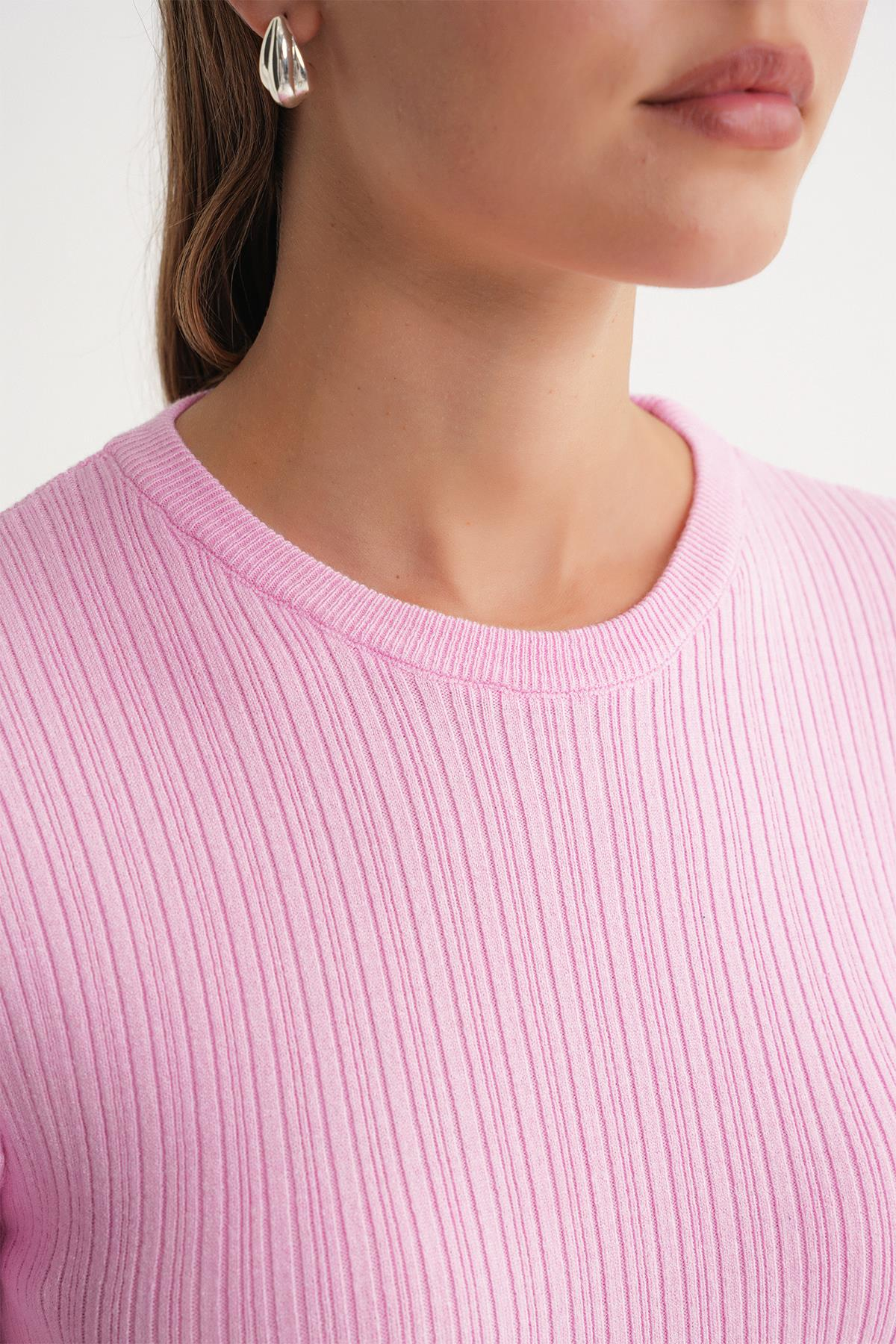 6938 Kadın Bisiklet Yaka Fitilli Triko Body Pembe