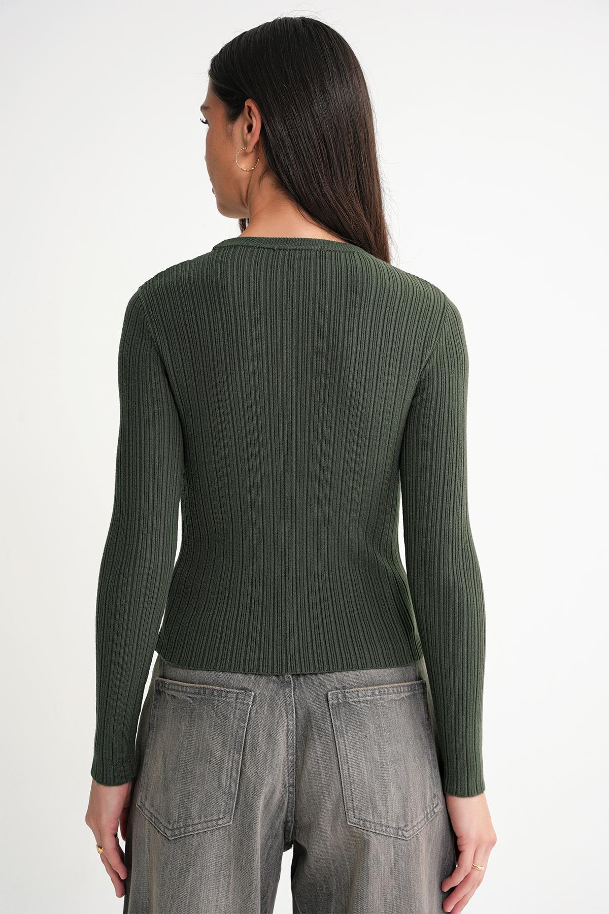 6938 Kadın Bisiklet Yaka Fitilli Triko Body Haki