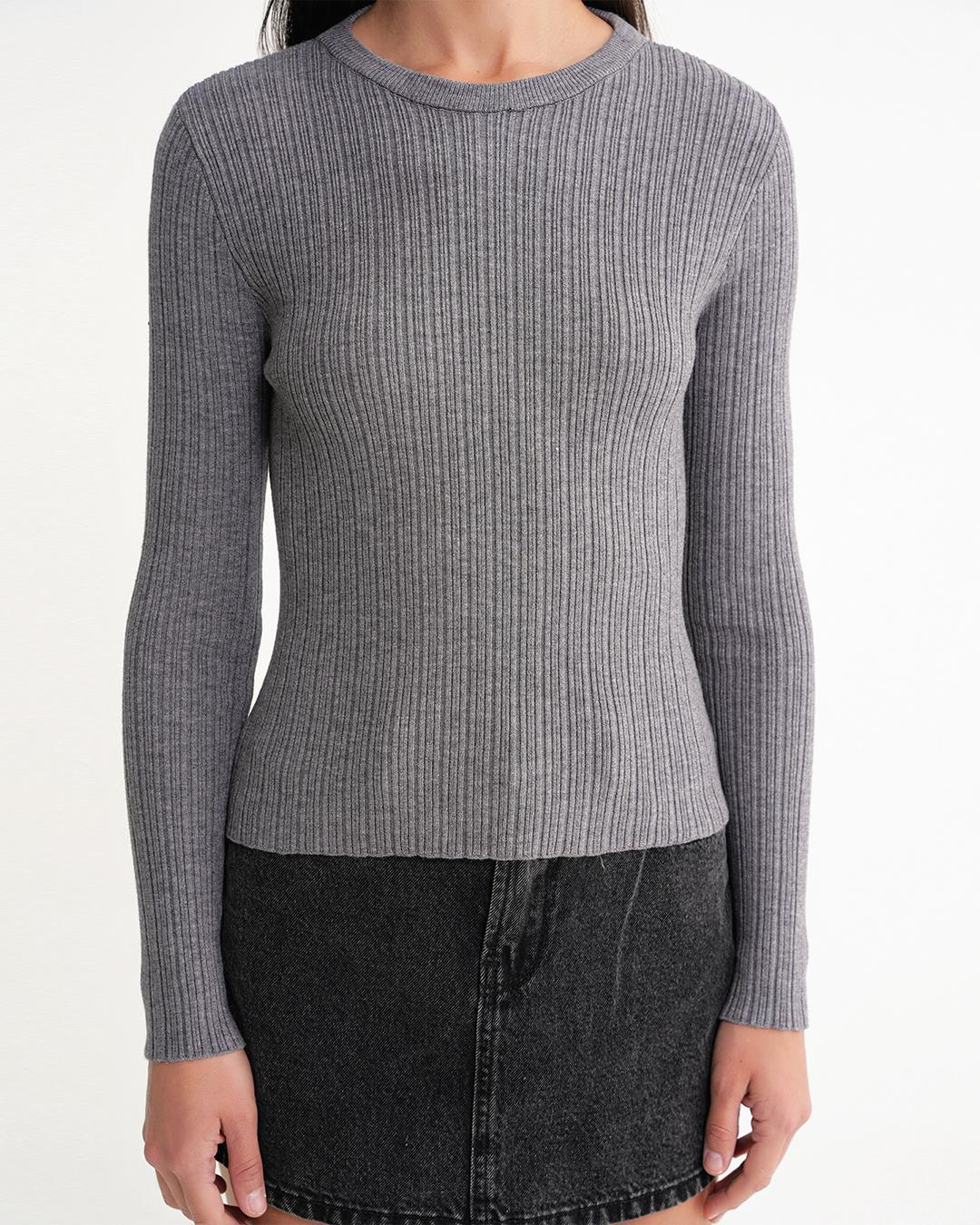 6938 Kadın Bisiklet Yaka Fitilli Triko Body Gri