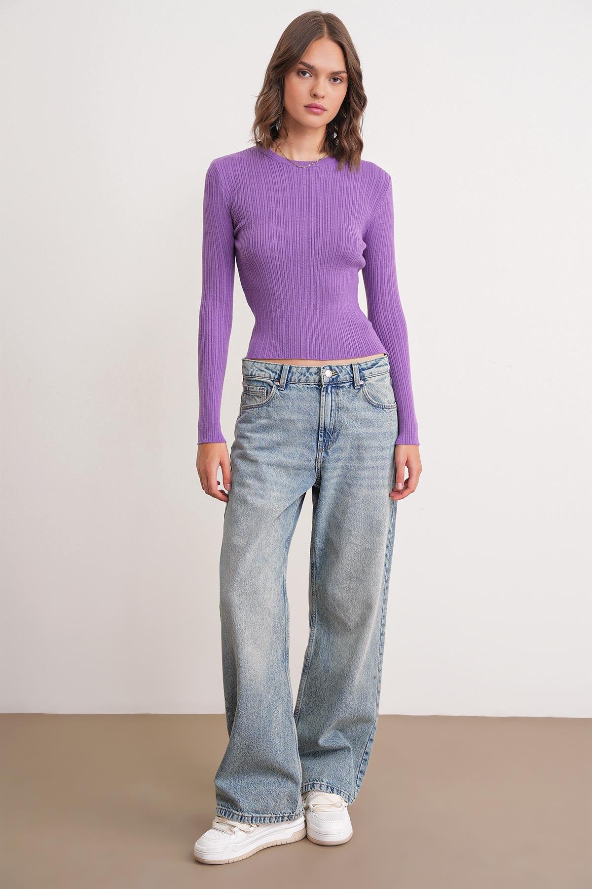 6938 Kadın Bisiklet Yaka Fitilli Triko Body Mor