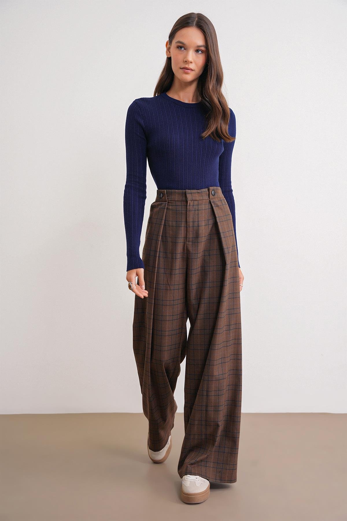 6938 Kadın Bisiklet Yaka Fitilli Triko Body Lacivert