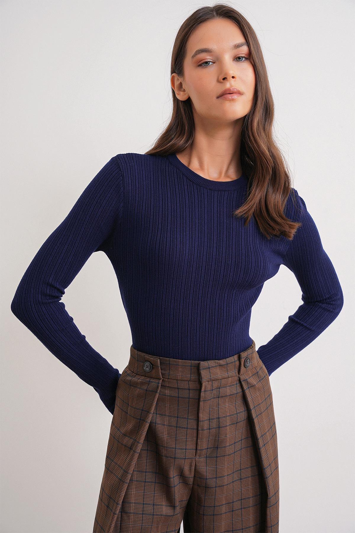 6938 Kadın Bisiklet Yaka Fitilli Triko Body Lacivert