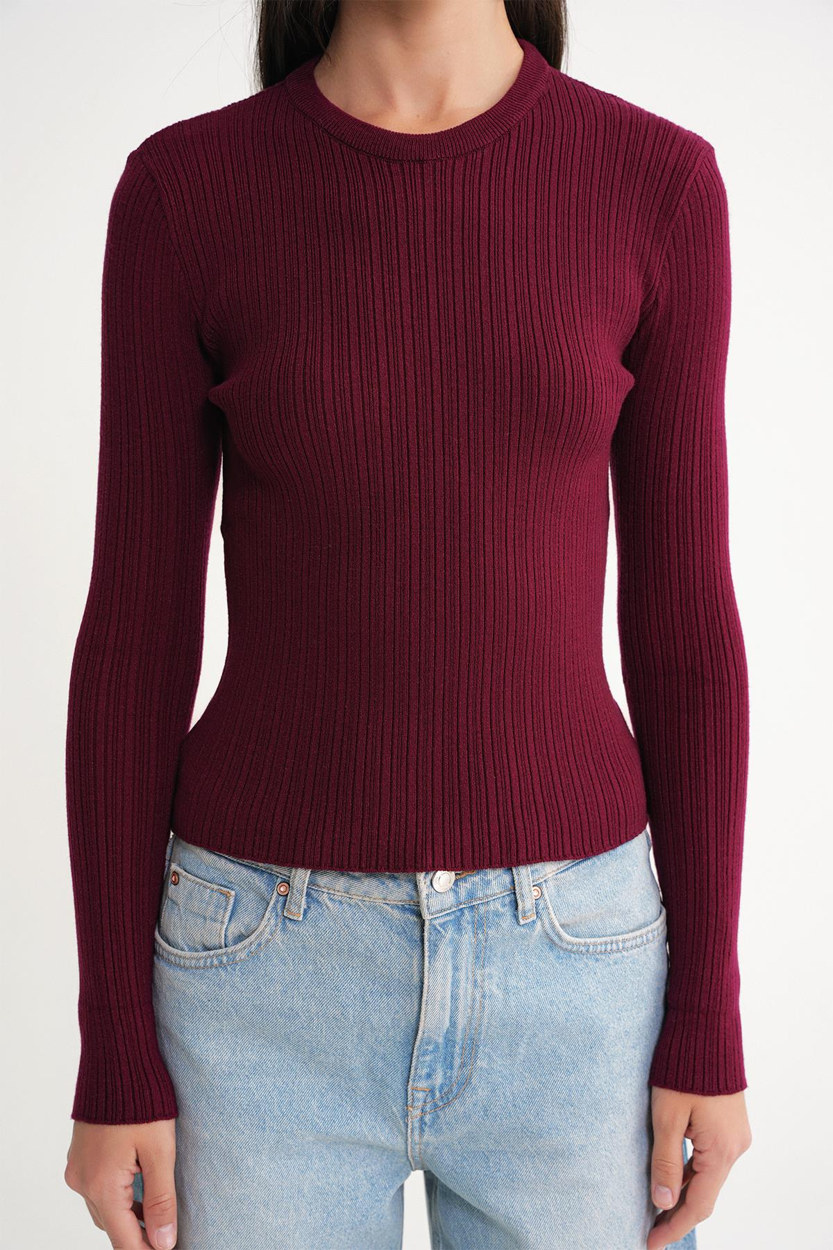 6938 Kadın Bisiklet Yaka Fitilli Triko Body Bordo