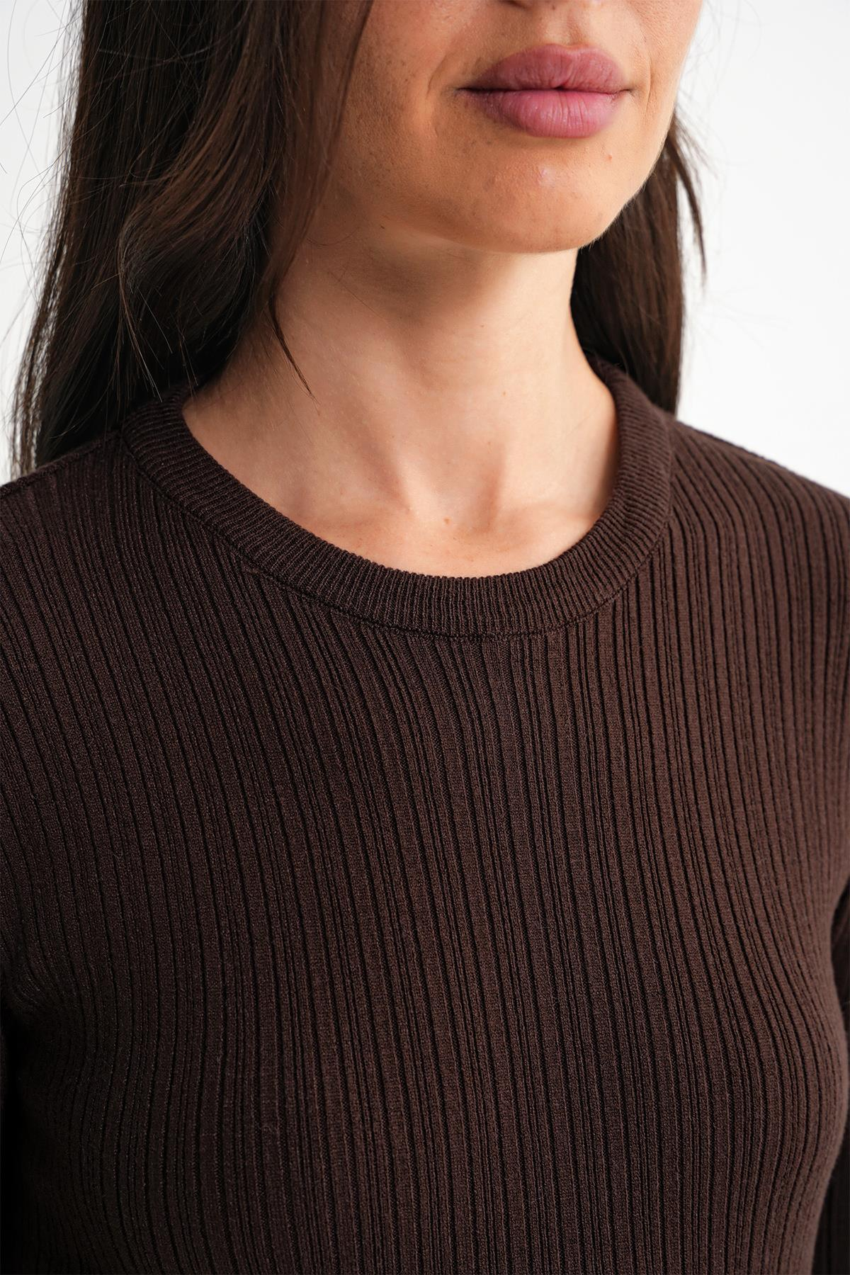 6938 Kadın Bisiklet Yaka Fitilli Triko Body Kahve