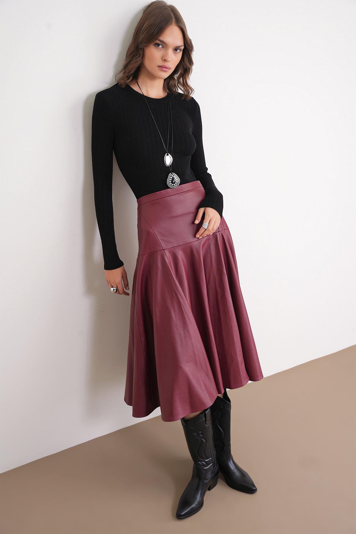 6938 Kadın Bisiklet Yaka Fitilli Triko Body Siyah