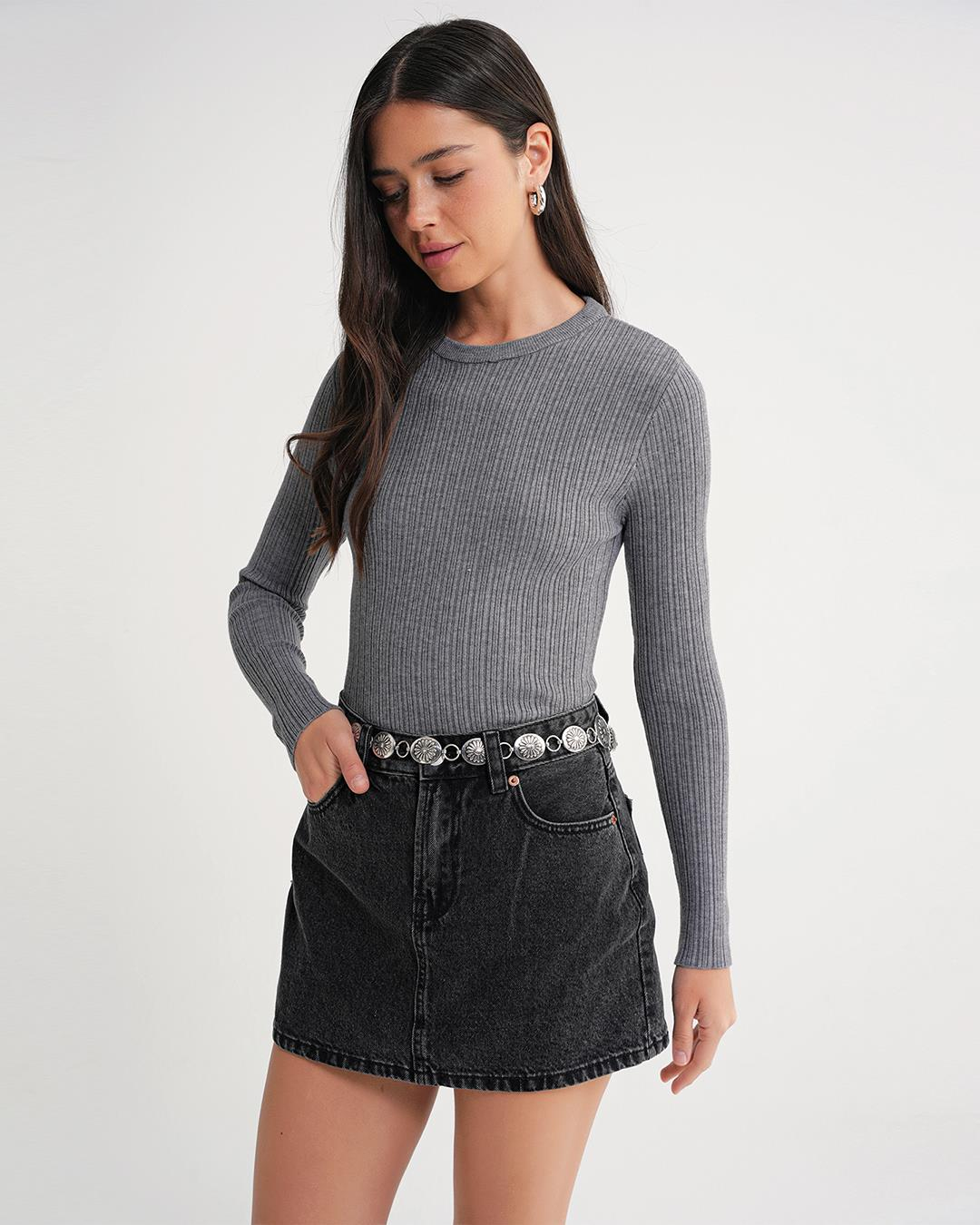 6938 Kadın Bisiklet Yaka Fitilli Triko Body Gri