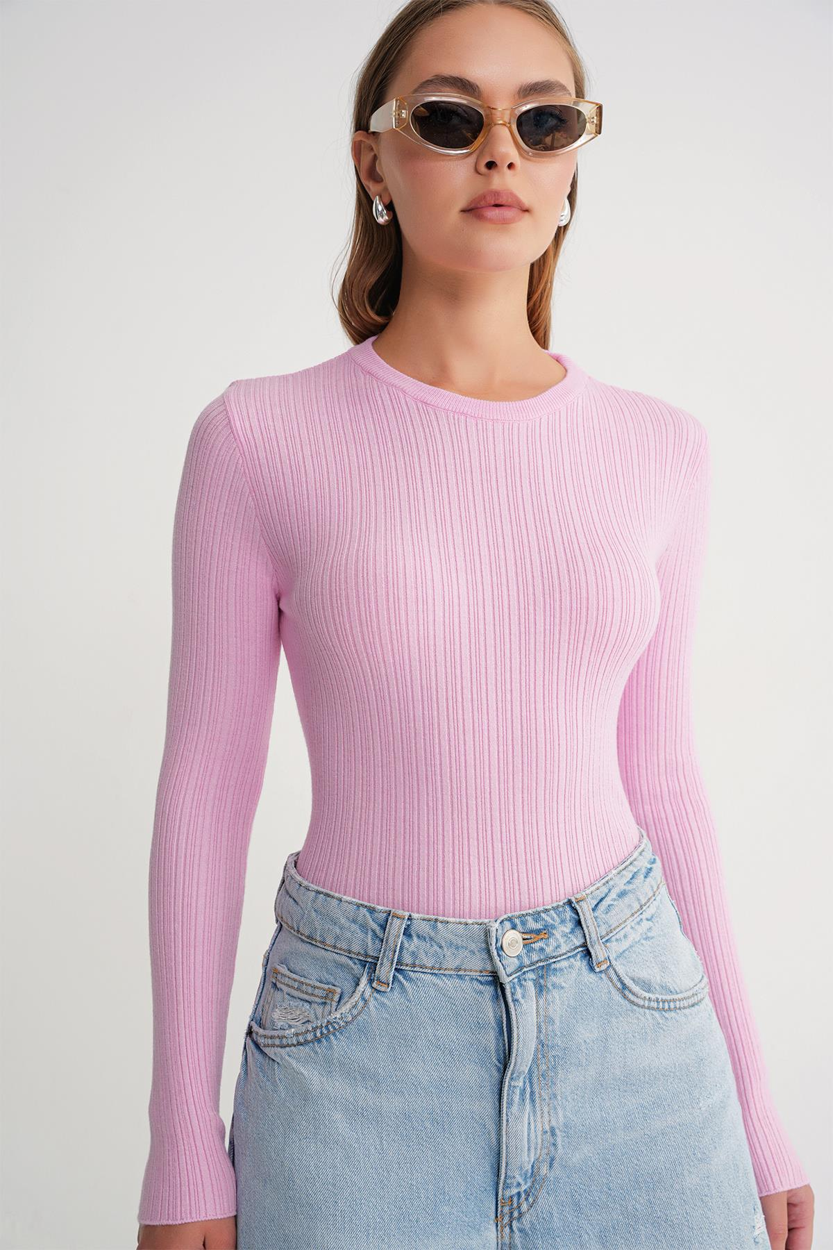 6938 Kadın Bisiklet Yaka Fitilli Triko Body Pembe