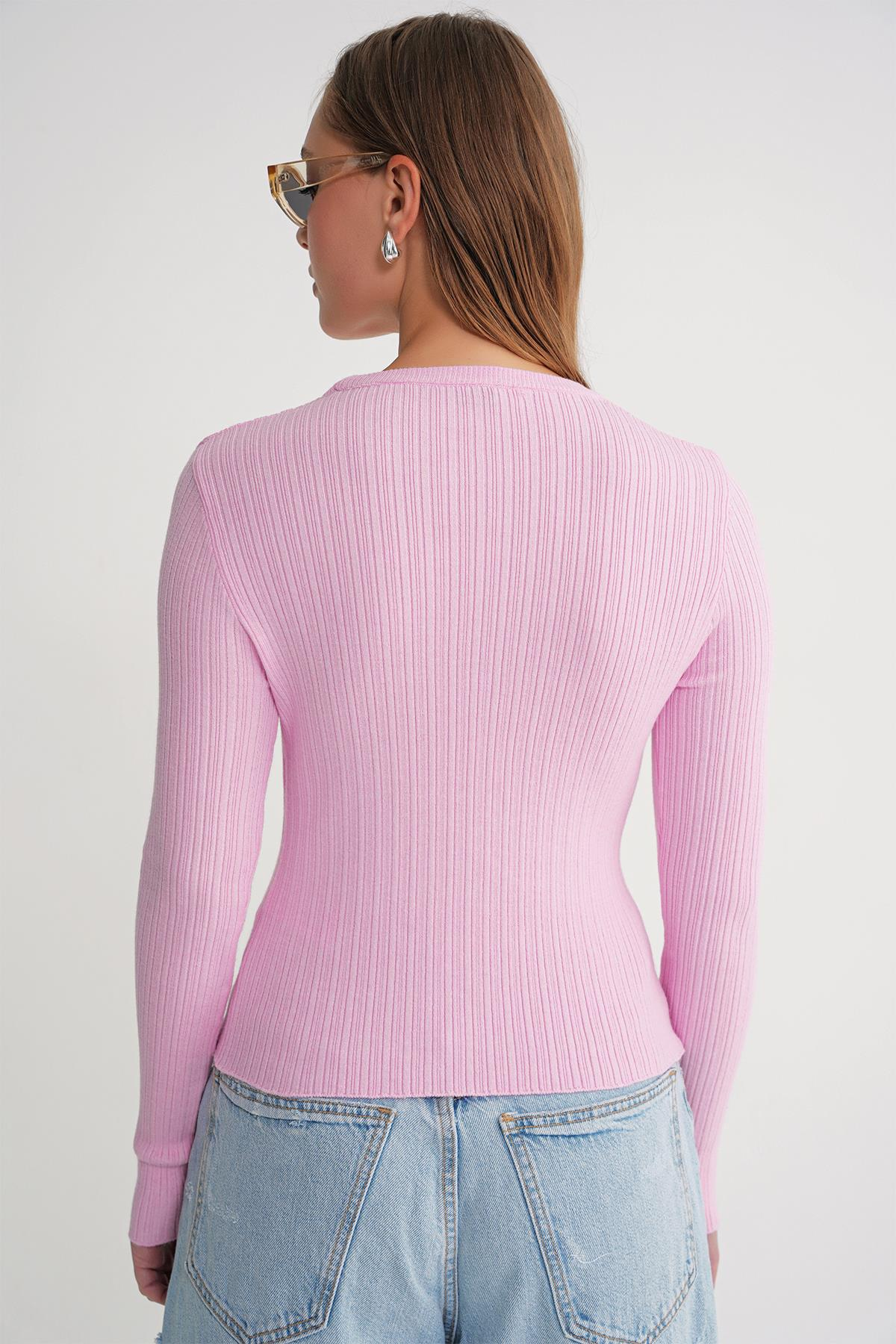 6938 Kadın Bisiklet Yaka Fitilli Triko Body Pembe