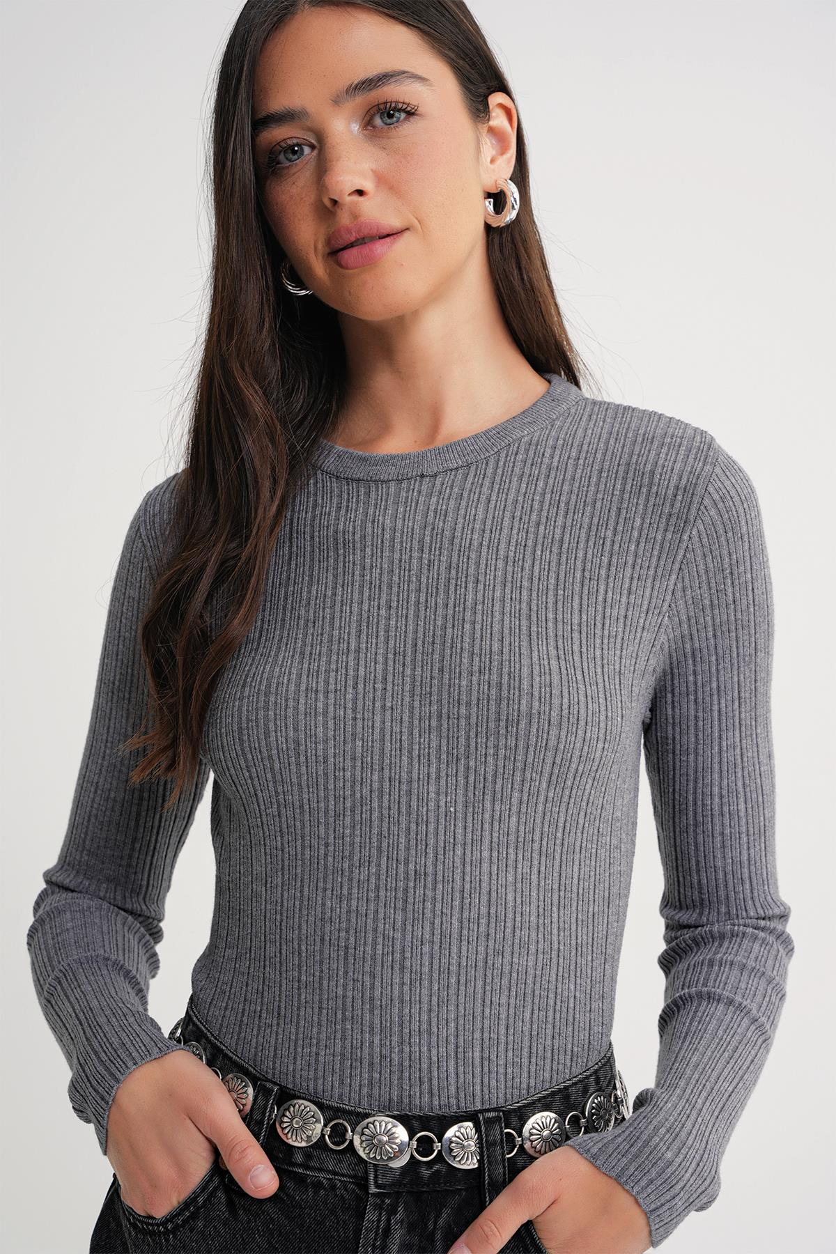 6938 Kadın Bisiklet Yaka Fitilli Triko Body Antrasit