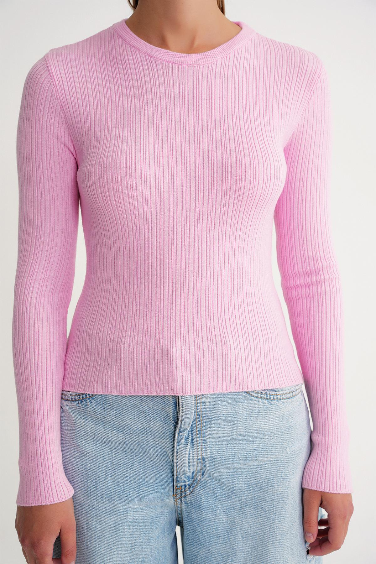 6938 Kadın Bisiklet Yaka Fitilli Triko Body Pembe