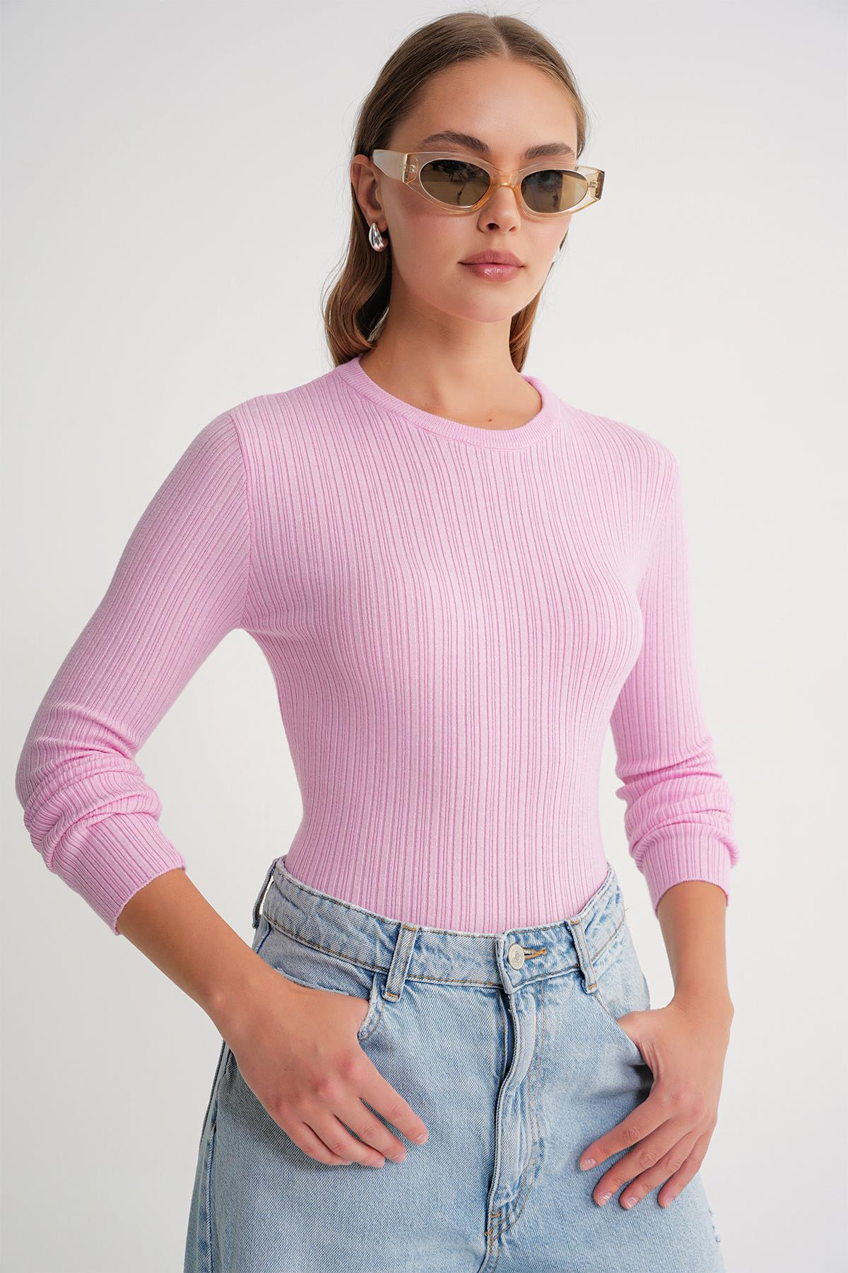 6938 Kadın Bisiklet Yaka Fitilli Triko Body Pembe