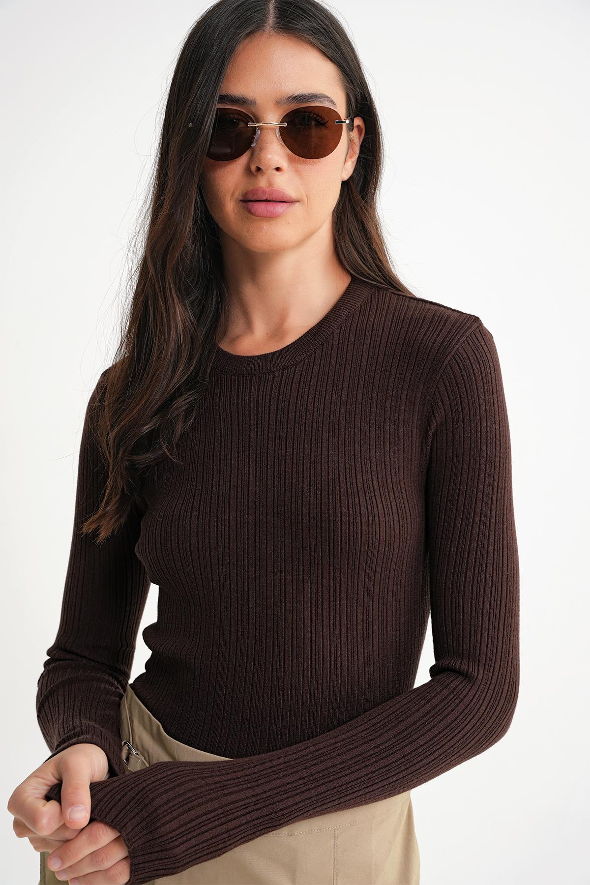 6938 Kadın Bisiklet Yaka Fitilli Triko Body Kahve