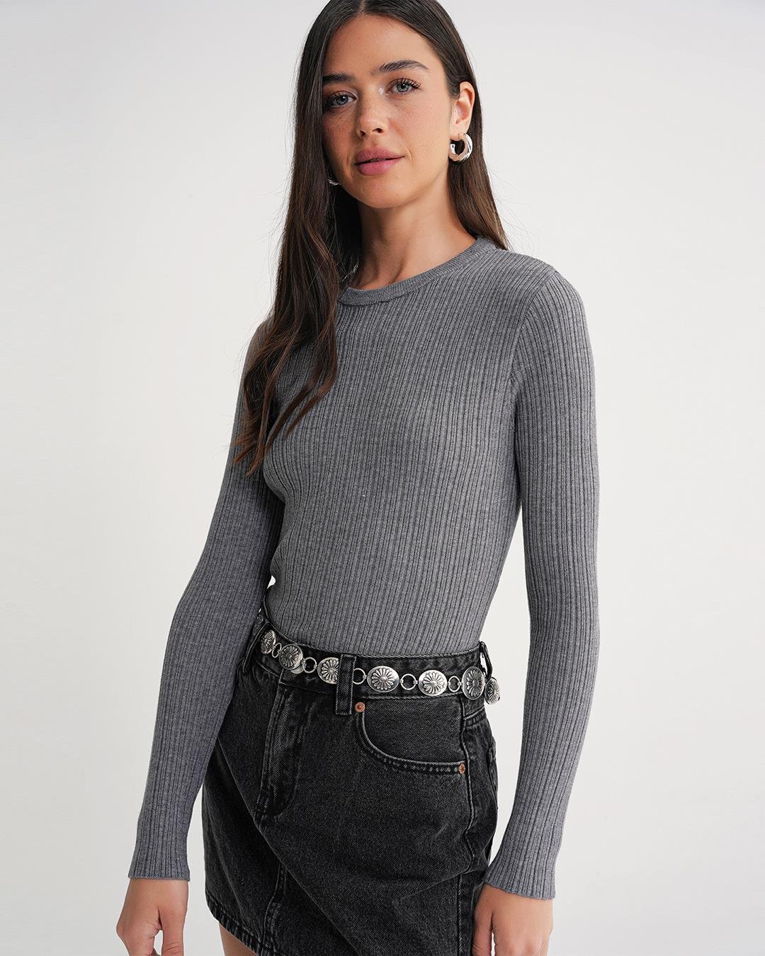 6938 Kadın Bisiklet Yaka Fitilli Triko Body Gri