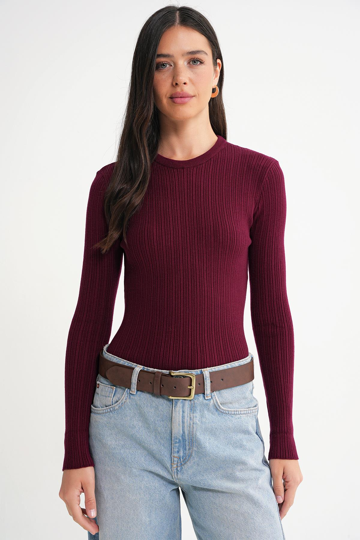 6938 Kadın Bisiklet Yaka Fitilli Triko Body Bordo