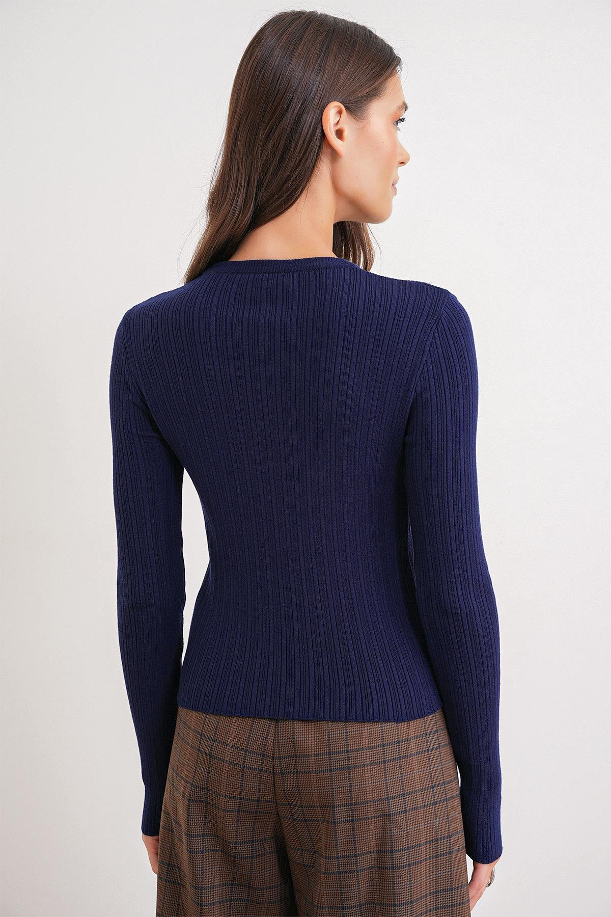 6938 Kadın Bisiklet Yaka Fitilli Triko Body Lacivert