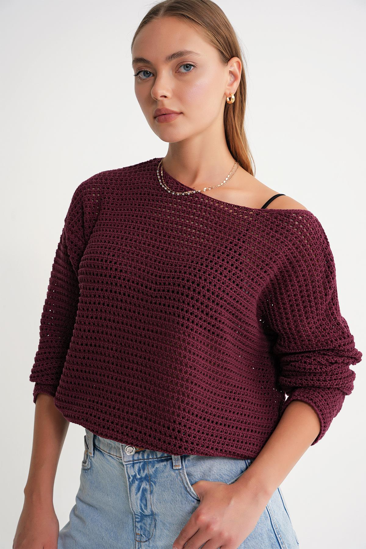 6942 Kadın Kayık Yaka  Mevsimlik  Ajurlu Kazak Bordo