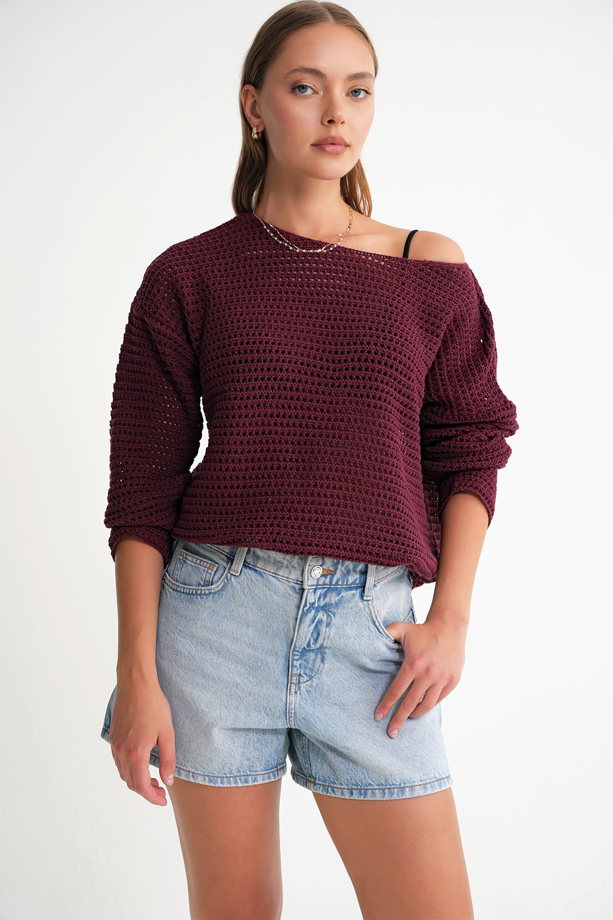 6942 Kadın Kayık Yaka  Mevsimlik  Ajurlu Kazak Bordo