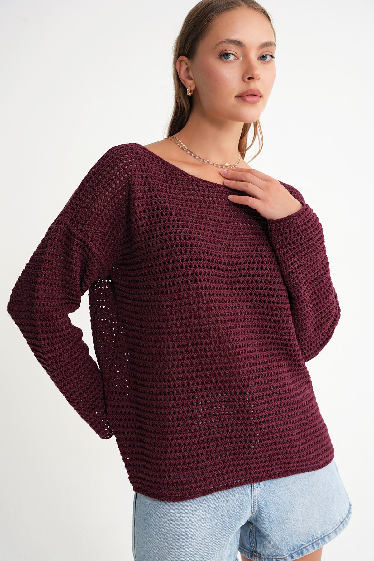 6942 Kadın Kayık Yaka  Mevsimlik  Ajurlu Kazak Bordo